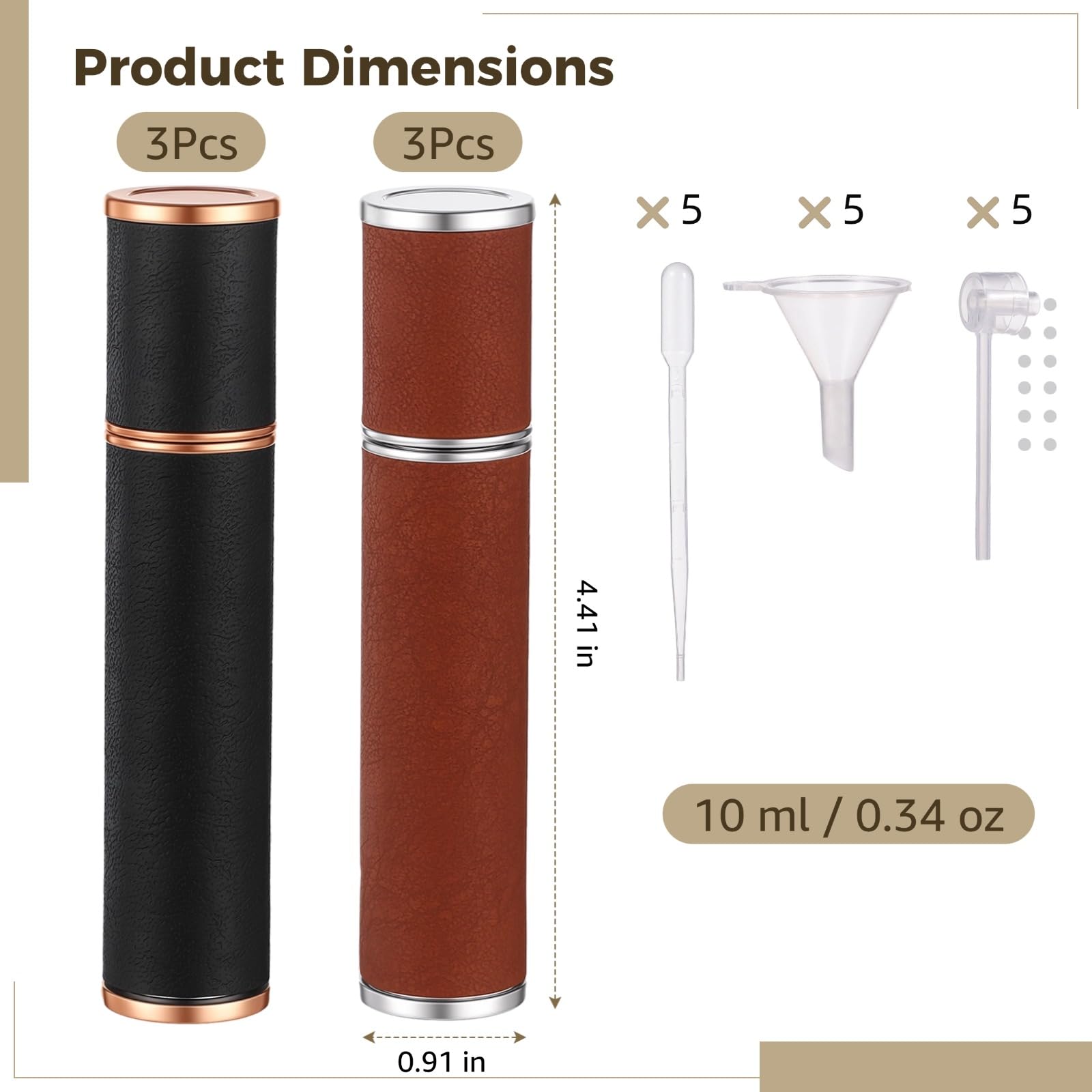 6 Stk. Leder-Parfümzerstäuber, nachfüllbare Mini-Cologne-Sprühflasche 10 ml / 0,34 oz, tragbarer leerer Duftbehälter mit Werkzeugen, für Männer u. Frauen, Reise, Arbeit, Büro, Schwarz/Braun