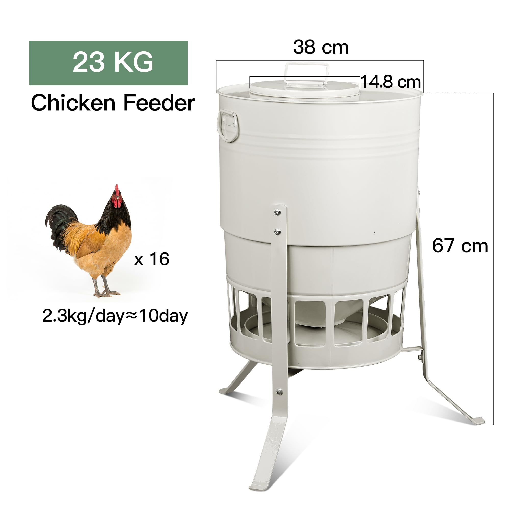 Comedero automático para pollos de 23 kg, sin desperdicio, con 16 puertos, color blanco, a prueba de ratas, gravedad, para gallinas, gansos, 43 L