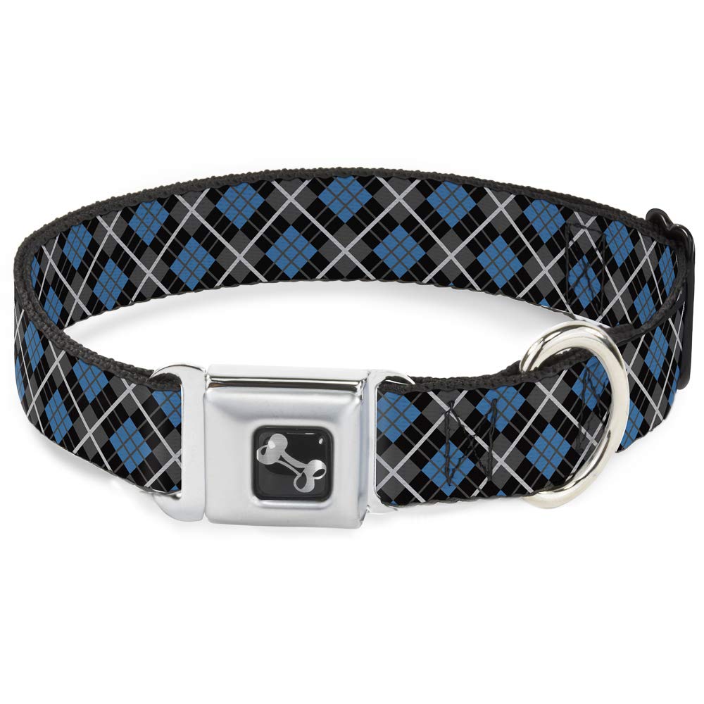 Buckle Down Seatbelt Buckle Dog Collar - Argyle Black/Gray/Turquoise - 1.5" Wide - Fits 18-32" Neck - Large