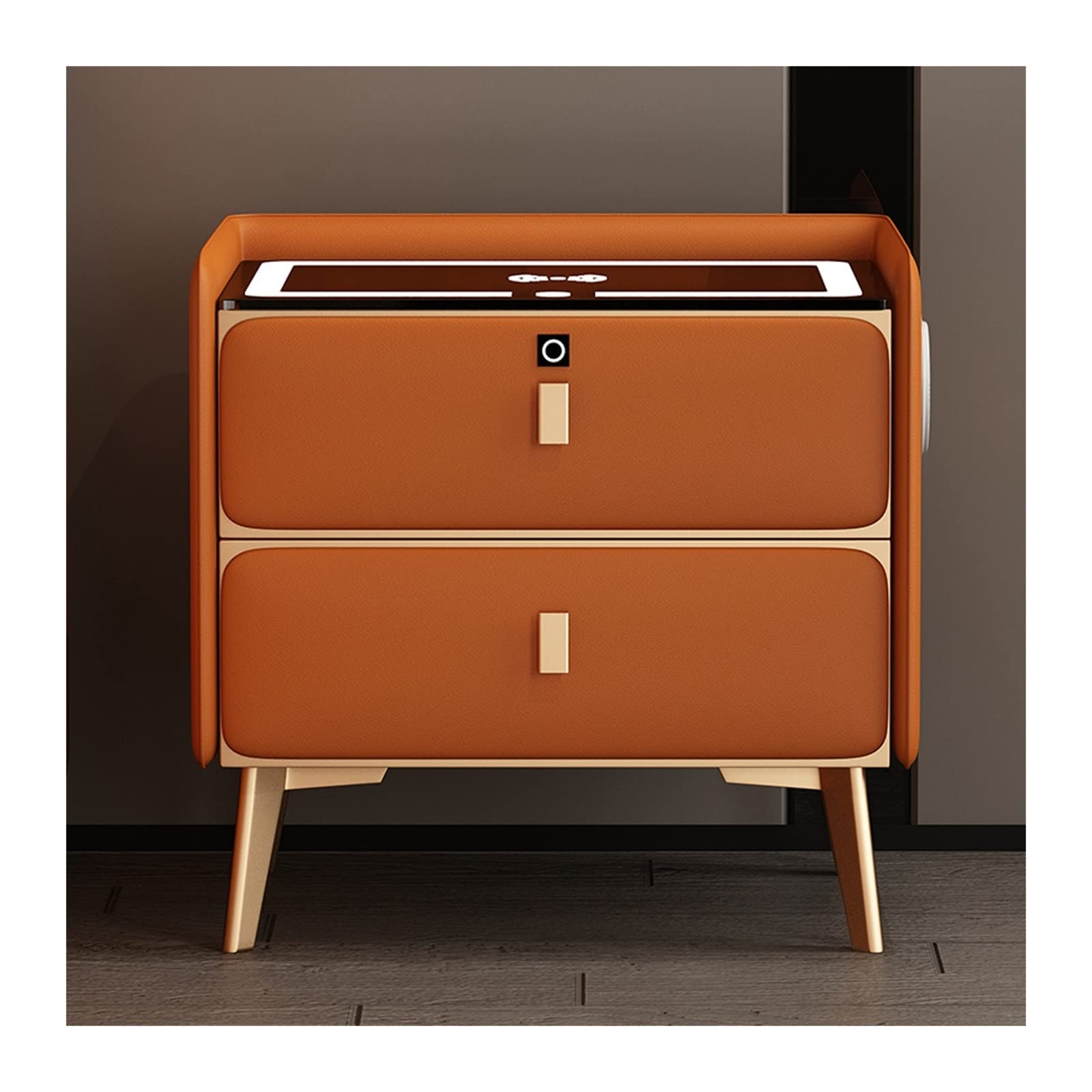 ASerZenith Smart Nightstand Bedside Tables Charging Station And Led Lights,Bedside Table With 2-Drawer And Fingerprint Unlock, Speaker, Nightstands For Bedroom,Orange