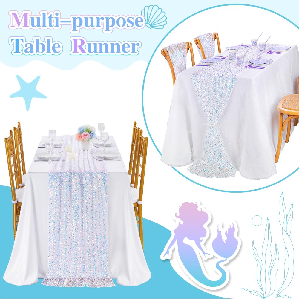 4er Set Elegante Tischläufer Schillernd Weiße Pailletten Tischband – 63 x 300 cm für Outdoor Hochzeitstisch Taufefeier Festliche Meerjungfrau Party Tischdeko (4 Stück)
