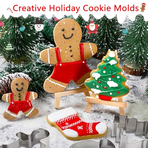 مجموعة قوالب بسكويت الكريسماس 6 قطع من تونجلو - مصنوعة من الستانلس ستيل، اشكال خبز العطلات، ندفة الثلج/رجل خبز الزنجبيل/الشجرة/رجل الثلج/سانتا/قصب الحلوى للبسكويت من الستانلس ستيل