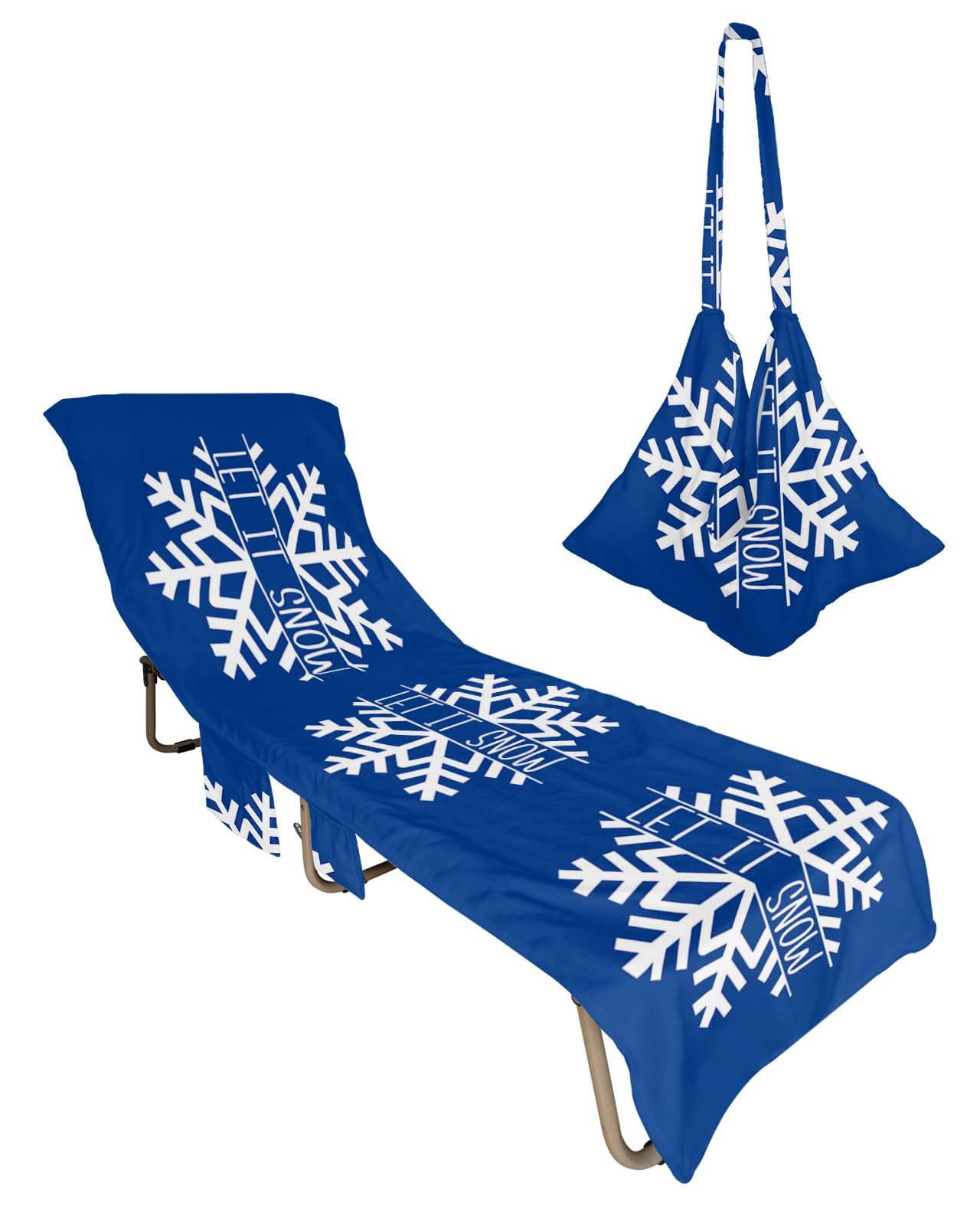 Navy Blue Snowflake Christmas Beach Lounge Chair Towel Cover, Soft Chaise Lounge Towel with Side Pockets Patio Pool Chairs Cover for Beach/Pool Sunbathing 29x85 Hello Winter Snowflake
