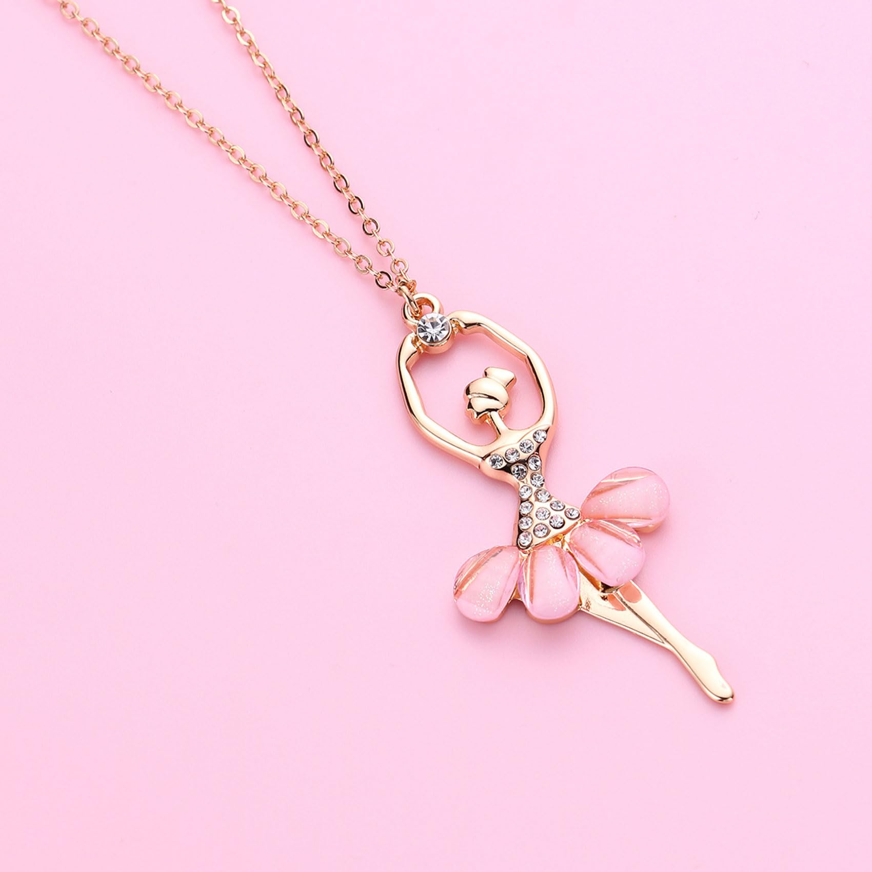 CERSLIMO Girls Necklaces - A Girl Dancing Ballet Dainty Necklace with White Cubic Zirconia & Pink Petal Skirt, Elegant Cute Necklace for Girls Kids Jewellery Gifts Birthday Christmas
