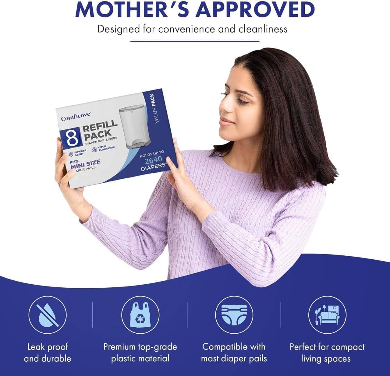 Comficove Refills Compatible with DEKOR MINI Diaper Pails | 8 Pack | Extra Thick Diaper Pail Refill Liners | Fresh Scent | Easy to Replace and Dispose of Diaper Bag | Odorless Baby Diapers Disposal