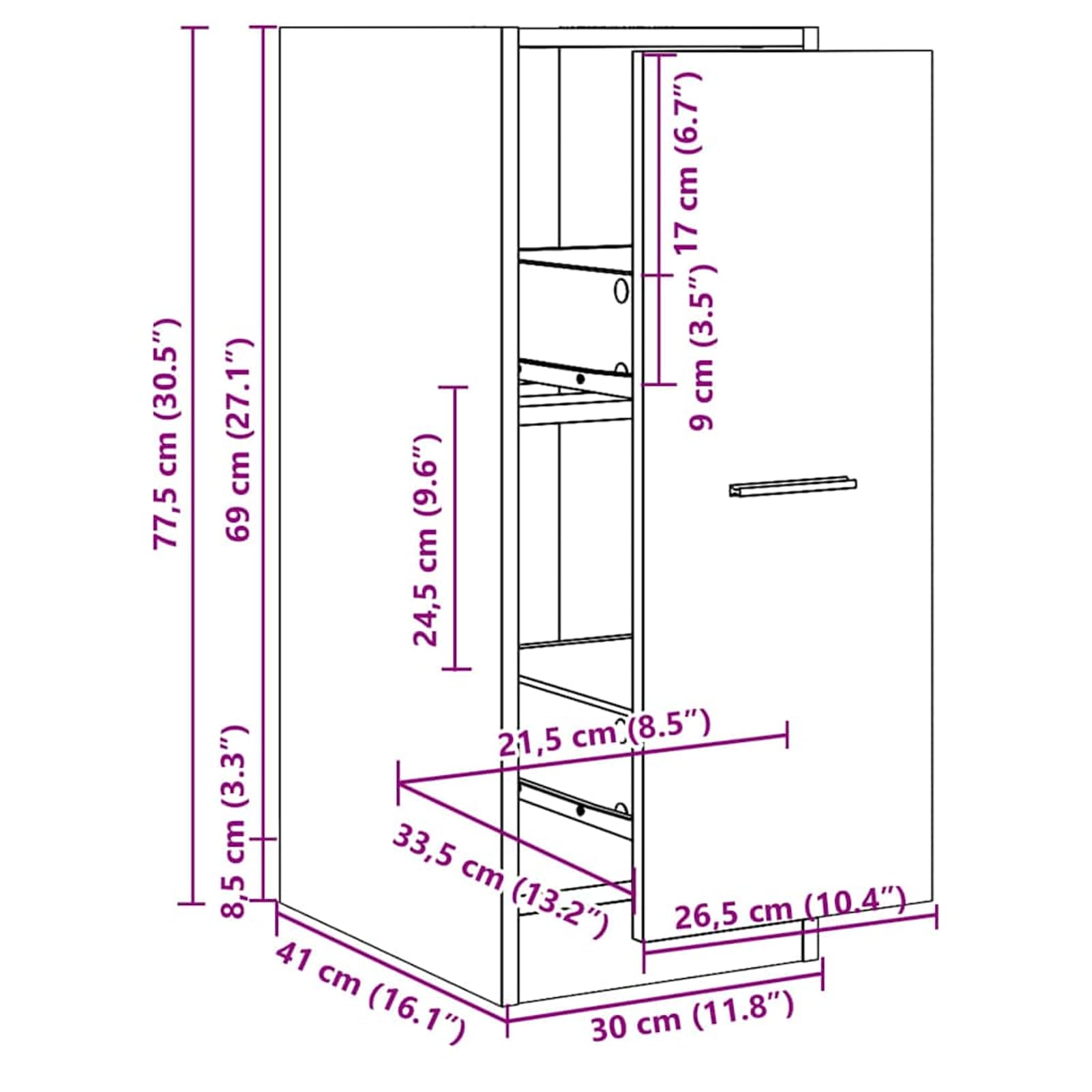 Armadietto per farmacie, 30 x 41 x 77,5 cm, in legno effetto legno anticato, con due cassetti estraibili, salvaspazio e versatile