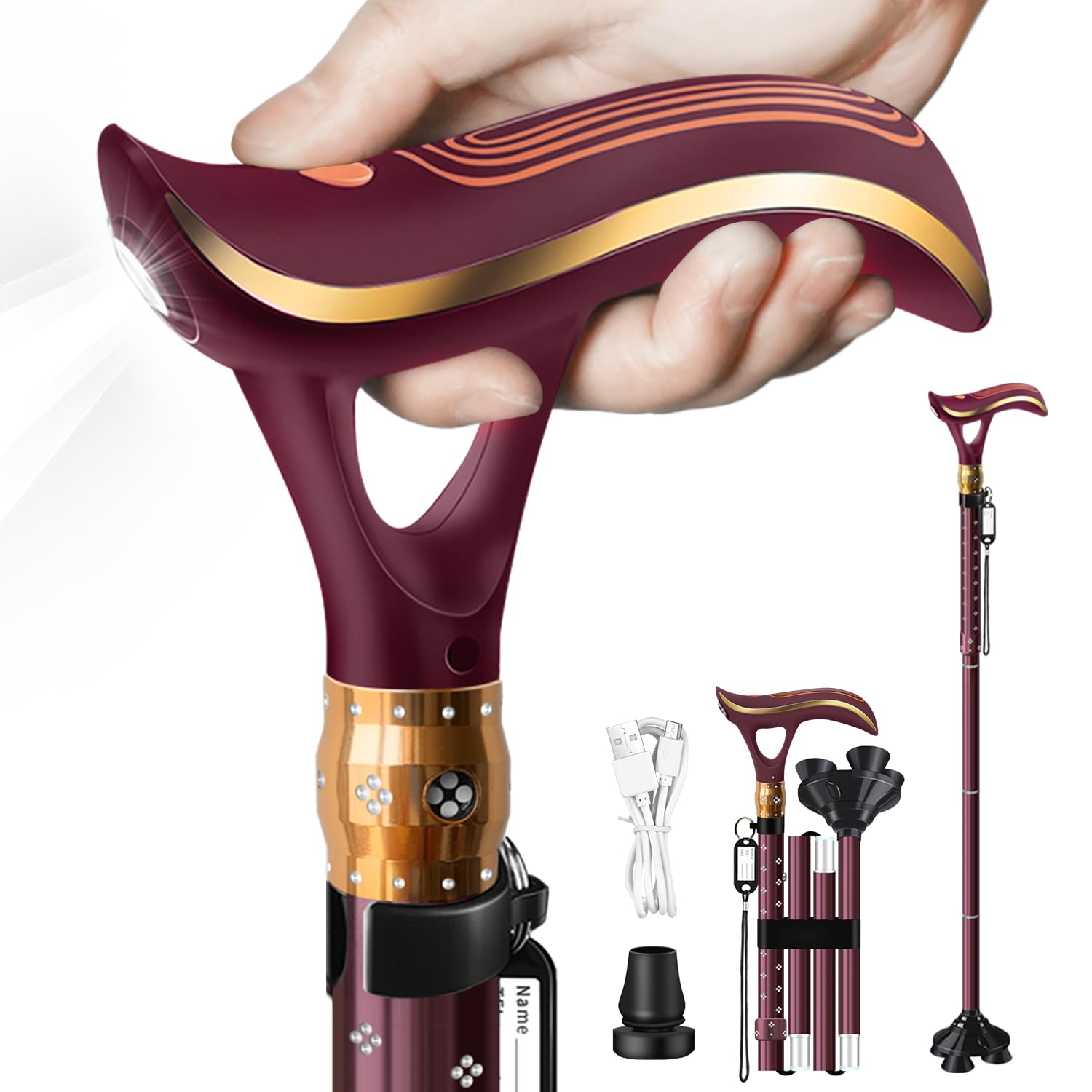 Bastón plegable, alarma inteligente, bastón plegable con luz, bastón de moda para mujeres y hombres, bastones ajustables para personas mayores, carga directa USB, ligero y portátil