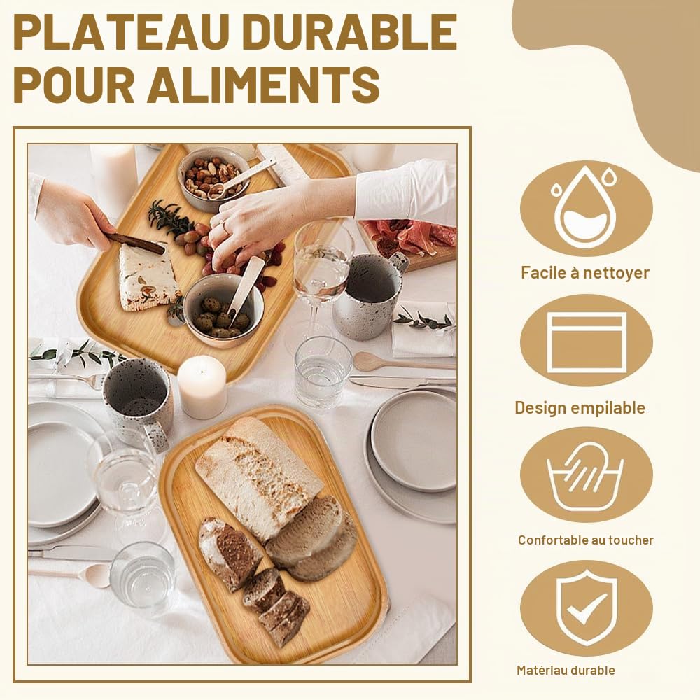 2 Pcs Plateau Bois Rectangulaire, Plateaux Petit-Déjeuner avec Poignées, Plateau Service avec Rebord Surélevé, Plateaux Traiteur Bambou 2 Tailles, pour Cuisine Restaurant Boisson Snack