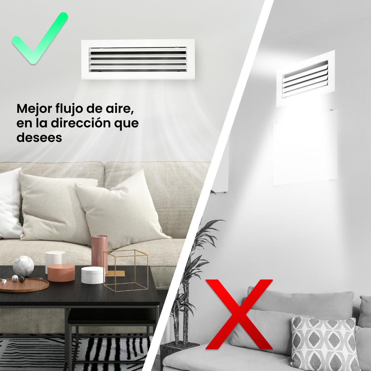 Rejilla Impulsión Blanca Lamas Horizontales Móviles para Aire Acondicionado Salida de Aire Orientable (400x150 mm)