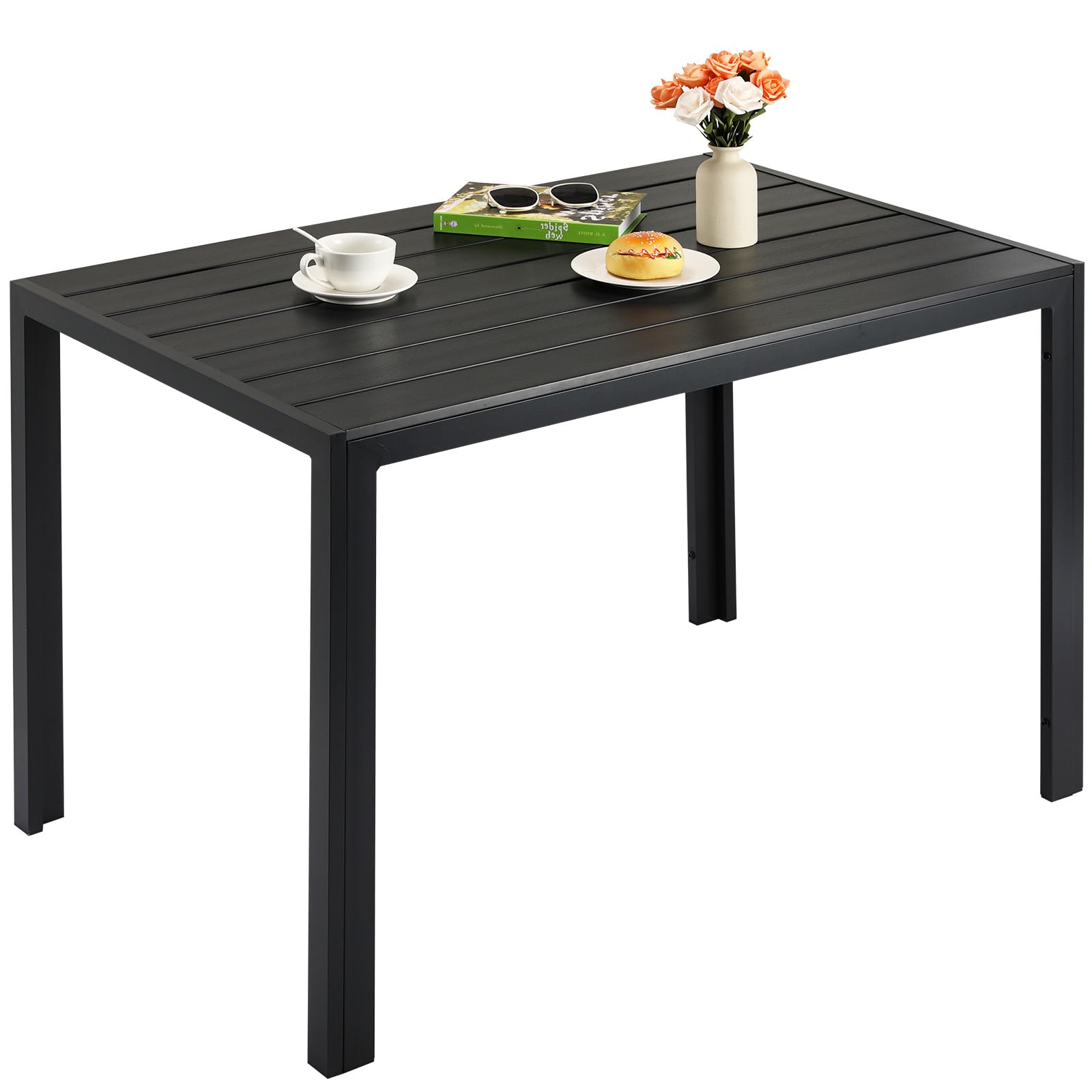 LIFERUN Mesas de Jardín Exterior de Aluminio WPC, 110x70x73 cm, Mesa de Comedor Rectangular para 4-6 Personas de Balcón Terraza, Fácil Montaje, Todo Negro