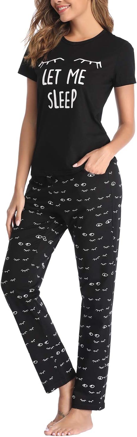 Women's Cotton Pajama Set Cute Printed Short Sleeve Top & Long Pants Sleepwear Pjs Sets