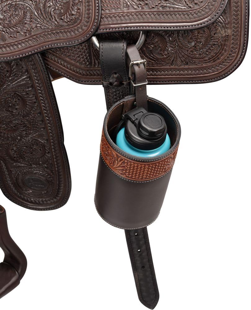 Schneiders Tooled Leather Water Bottle and Snack Holder Saddle Bag | Hand-Tooled Argentine Leather | Trail Riding Storage for Horse Tack and Essentials | Color Brown