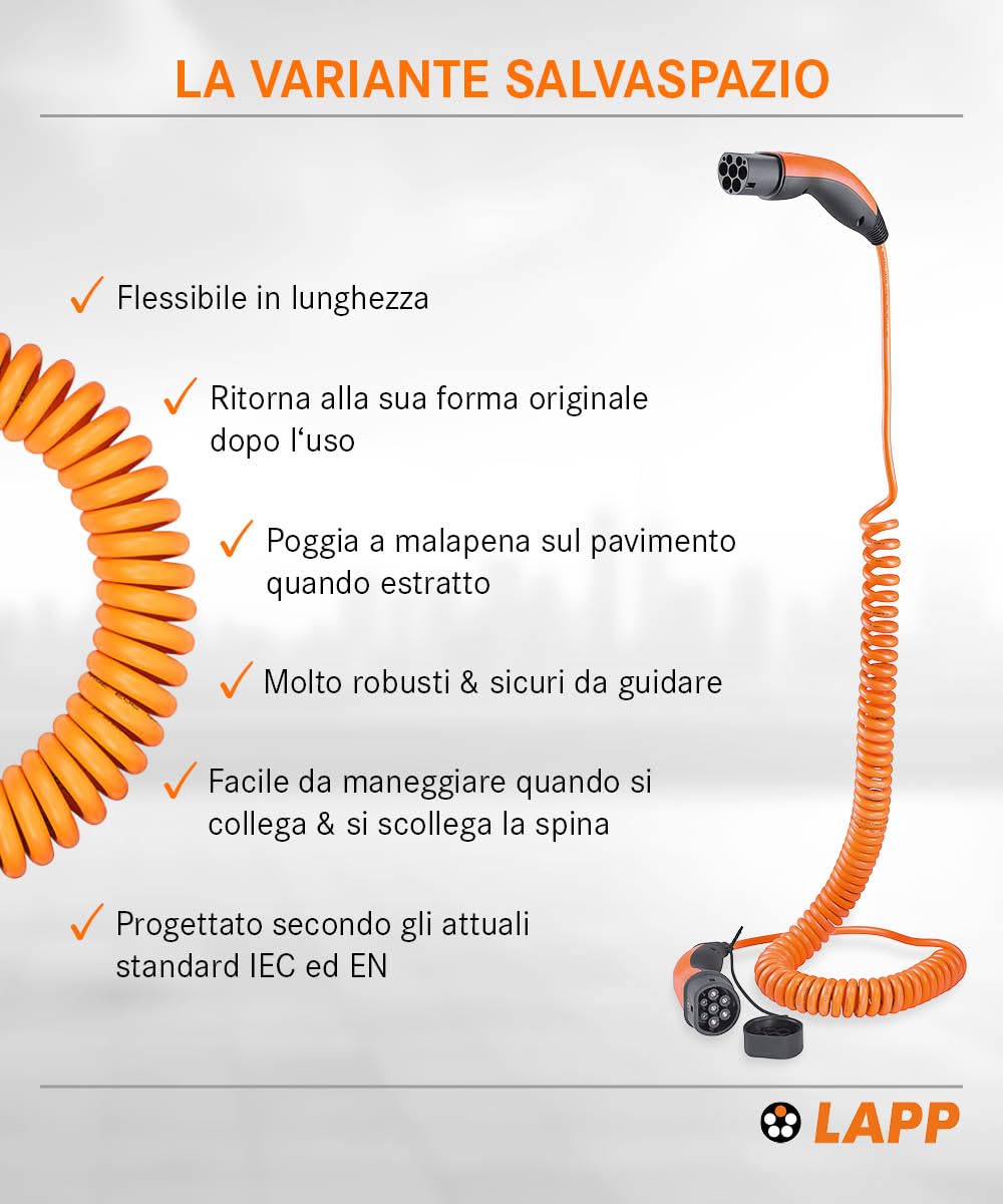 Lapp Cavo di Ricarica a Spirale per Veicoli Elettrici Mobility Tipo 2-11 kW, 20 A, Trifase, Resistente alla Polvere e all'Acqua IP55, Compatibile con Auto Elettriche e Ibride Europee, 5 m, Nero