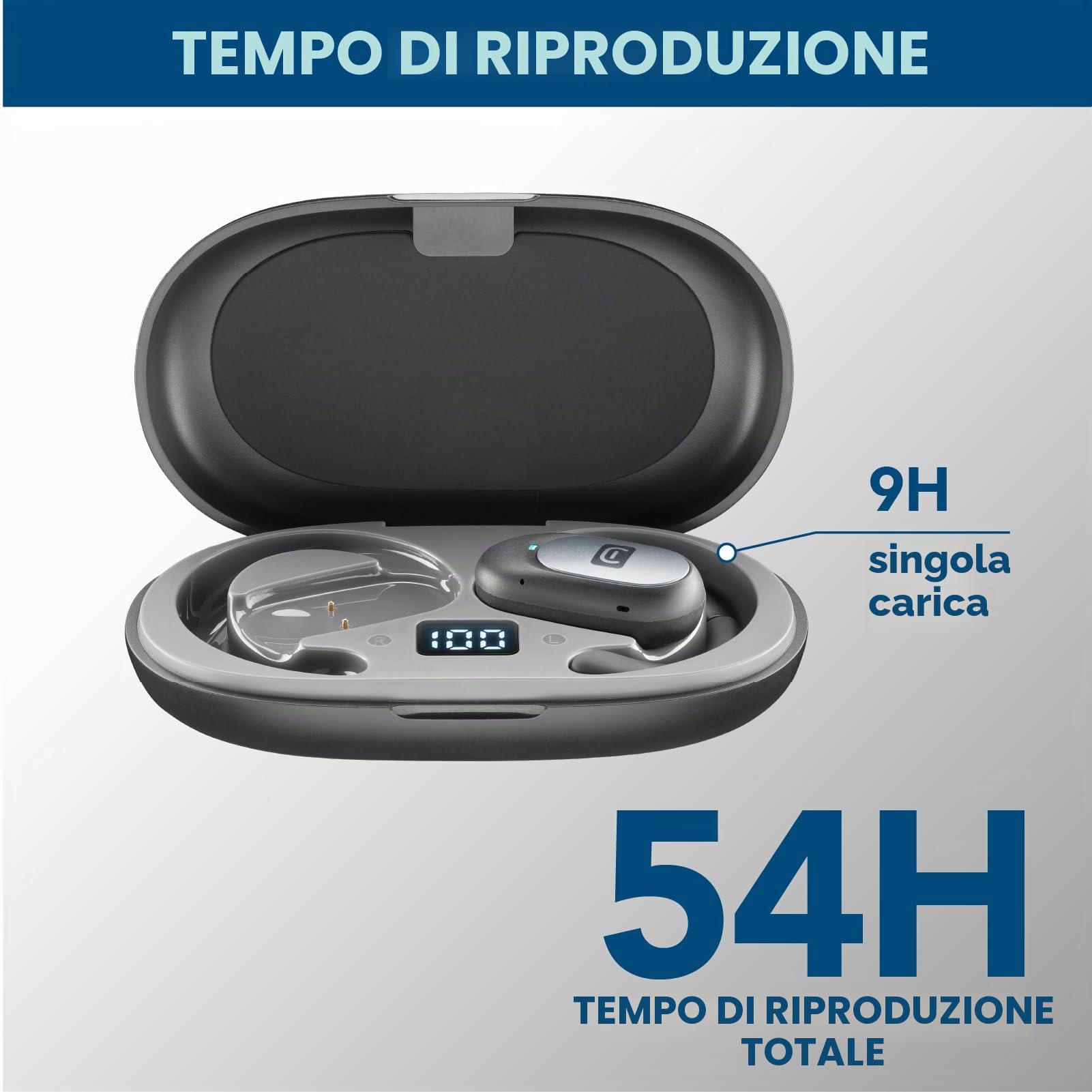 cellularline - Auricolare Bluetooth OPEN-EAR - 54 Ore di Play Time - Certificato IPX5 Resistente a Sudore e Schizzi - Archetto Regolabile - Nero