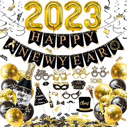 Humairc Decoration Nouvel An 2023, Kit Nouvel An 2023 - XXL Noir Gold 2023 Ballon Happy New Year Banner Photobooth Confettis Ballons - Utilisé pour Décor Nouvel An 2023 ou Fête Nouvel An 2023