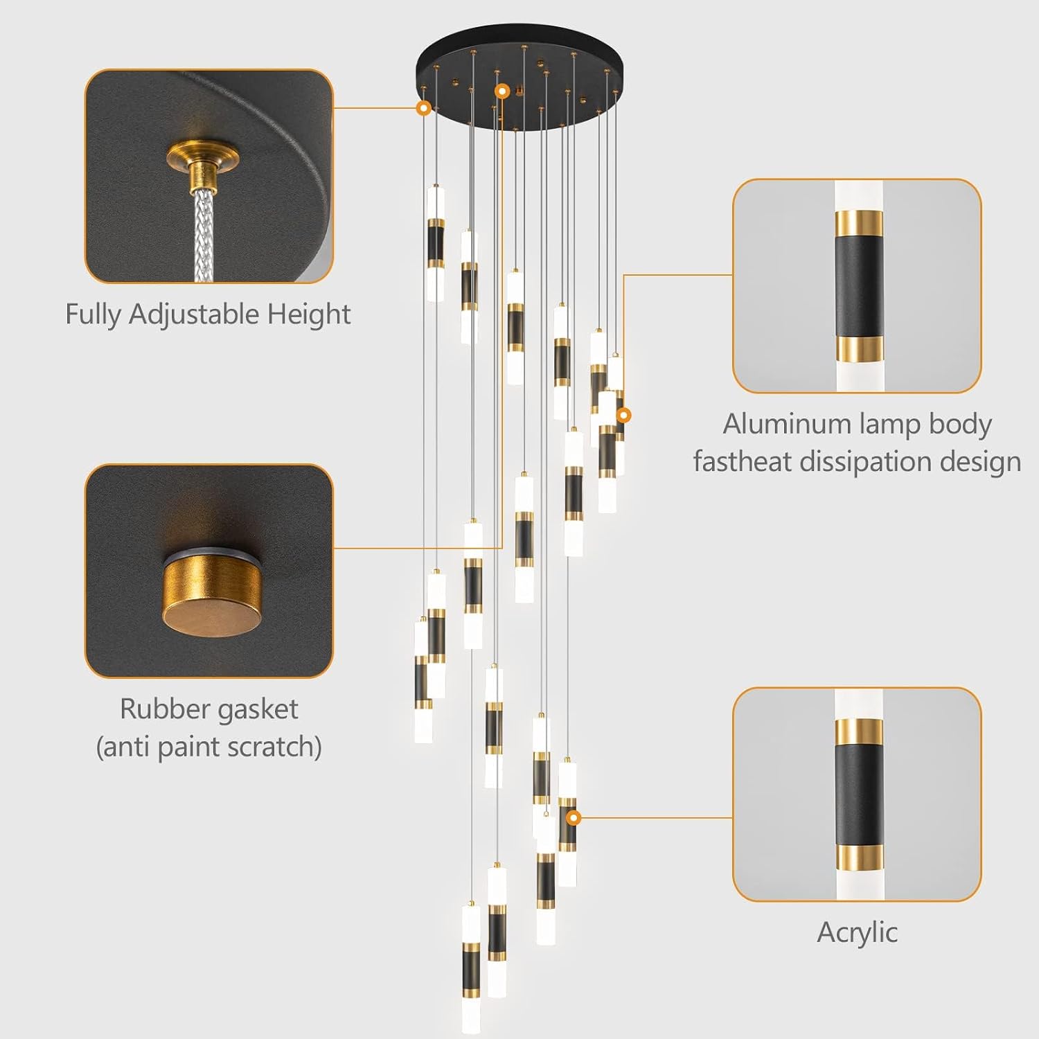 18-Light Modern Kitchen Island Black Gold Ceiling Pendant Light Dimmable LED 108W Staircase Large Chandelier Lobby Living Room Bedroom Foyer High Ceiling Chandelier