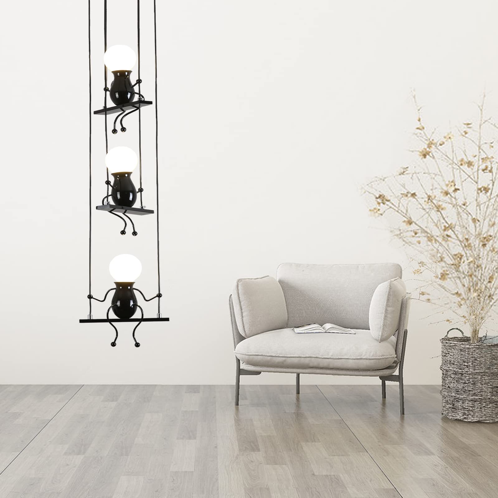 Lampada Sospensione Moderna Con Omini - Design Creativo In Ferro, Luce Regolabile, Per Sala Da Pranzo O Camera - E27, Vernice Forno, Nero