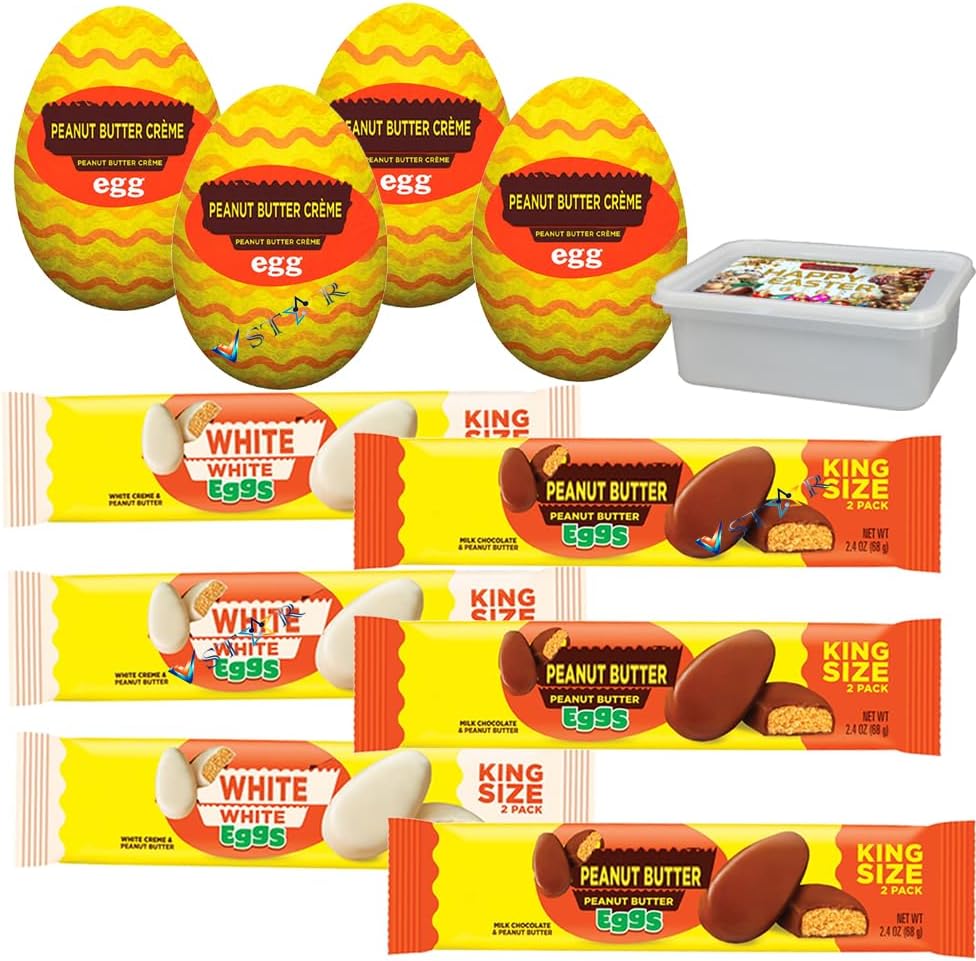 Peanut Butter Eggs Mixed Bundle – 10 Pack Assortment- 3 x Milk Chocolate 68g, 3 x White Chocolate 68g & 4 x Peanut Butter Creme Eggs 34g - Res