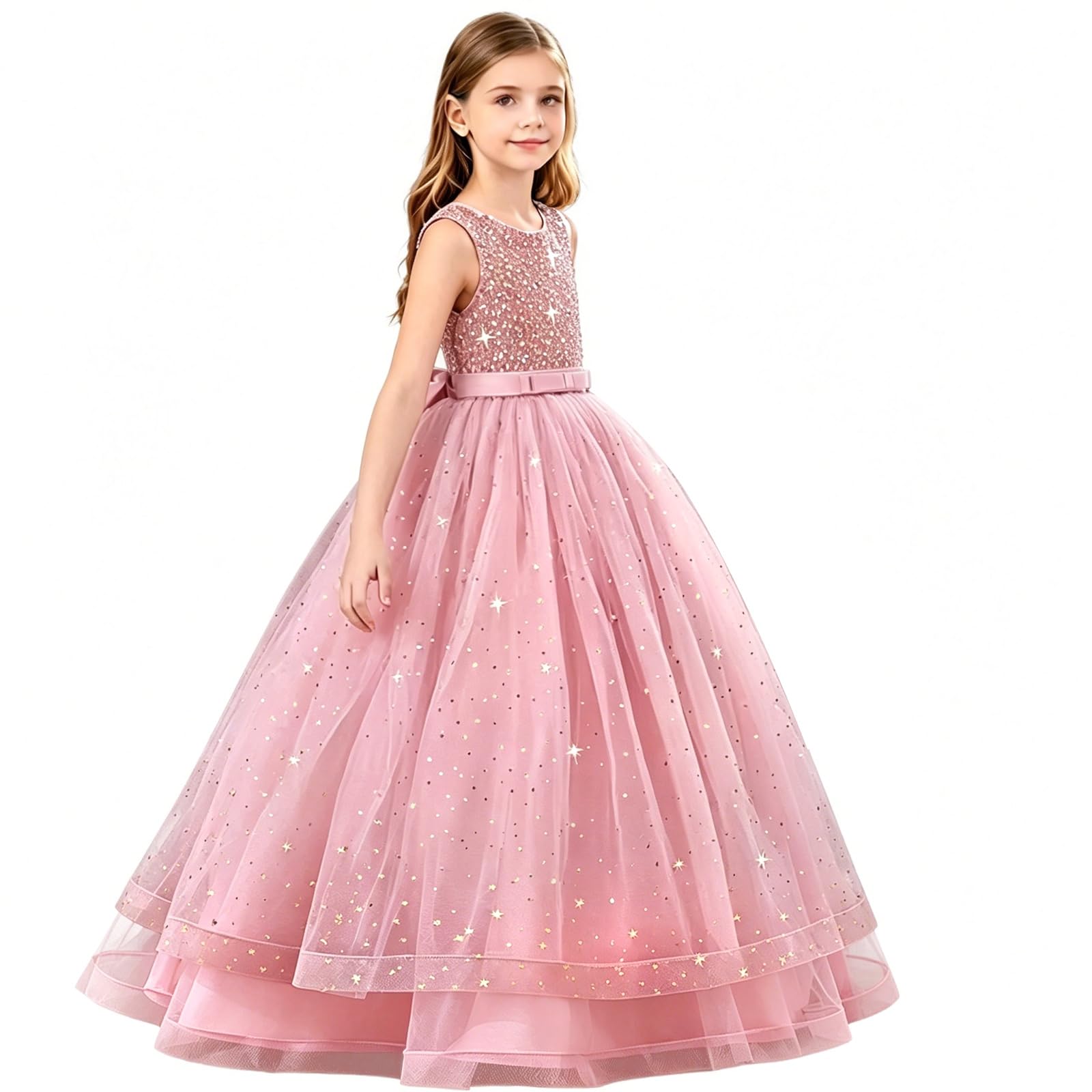 Formelles Kleid für Mädchen, Tüll, Prinzessinnenkleid, ärmellos, Rundhalsausschnitt, lange Kleider für Hochzeit, Blumenmädchen, Geburtstag, Party, Gastgeber, formelle Veranstaltungen, rose, 8-9 Jahre