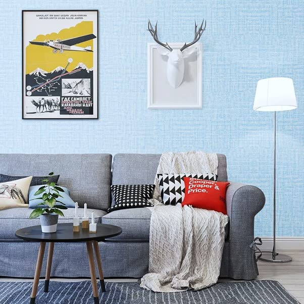 Image of Textured Linen Wallpaper for Walls Sticker Roll (10 Pcs) I 3D Foam Wallpaper for Full Wall, Furniture I Fabric, Waterproof, Large (Light Blue; 10 Pieces of 3 Meter x 0.7 Meter Each)