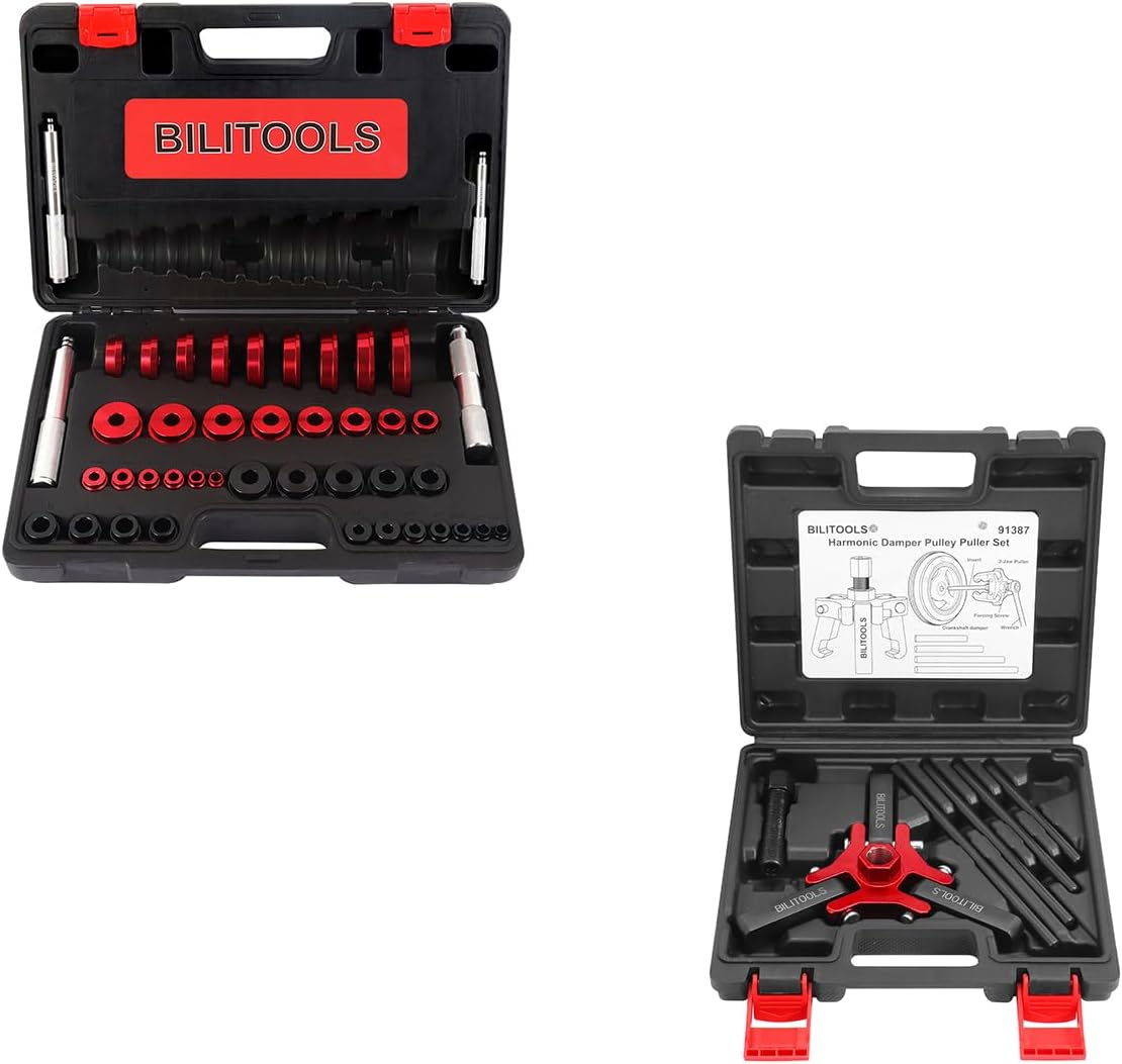 BILITOOLS Harmonic Balancer Puller Set, Adjustable 3-Jaw Puller & Bearing Press Kit, 43 Piece Bearing Race and Seal Driver Set, Seal Driver Installer Set for Bearing Installation