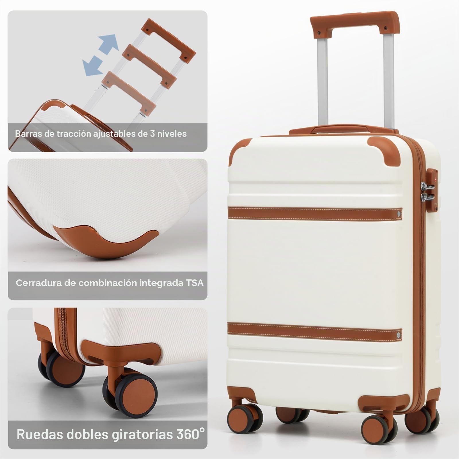 COOLIFE Maleta de cabina de 55 x 35 x 20 cm para Ryanair, equipaje de mano, maleta rígida con cerradura TSA y 4 ruedas gemelas, blanco y marrón., 55×35×20 -Set 2pzs
