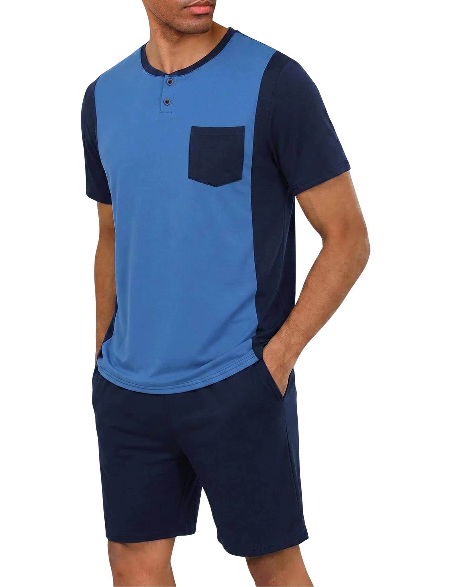 Jahetuul Schlafanzug Herren kurz Schlafhose Rundhalsausschnitt Knopf Pyjama Sommer Schlafanzüge für Herren Pyjamashort Nachtwäsche Männer