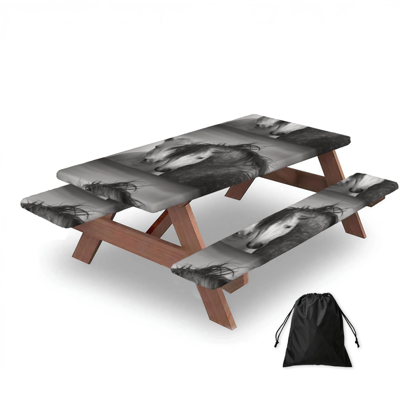 Dopklna As Picture Horses, Picnic Table Cover With Bench Covers -Waterproof Elastic Fitted Tablecloth For Garden Camping Patio 76X152cm