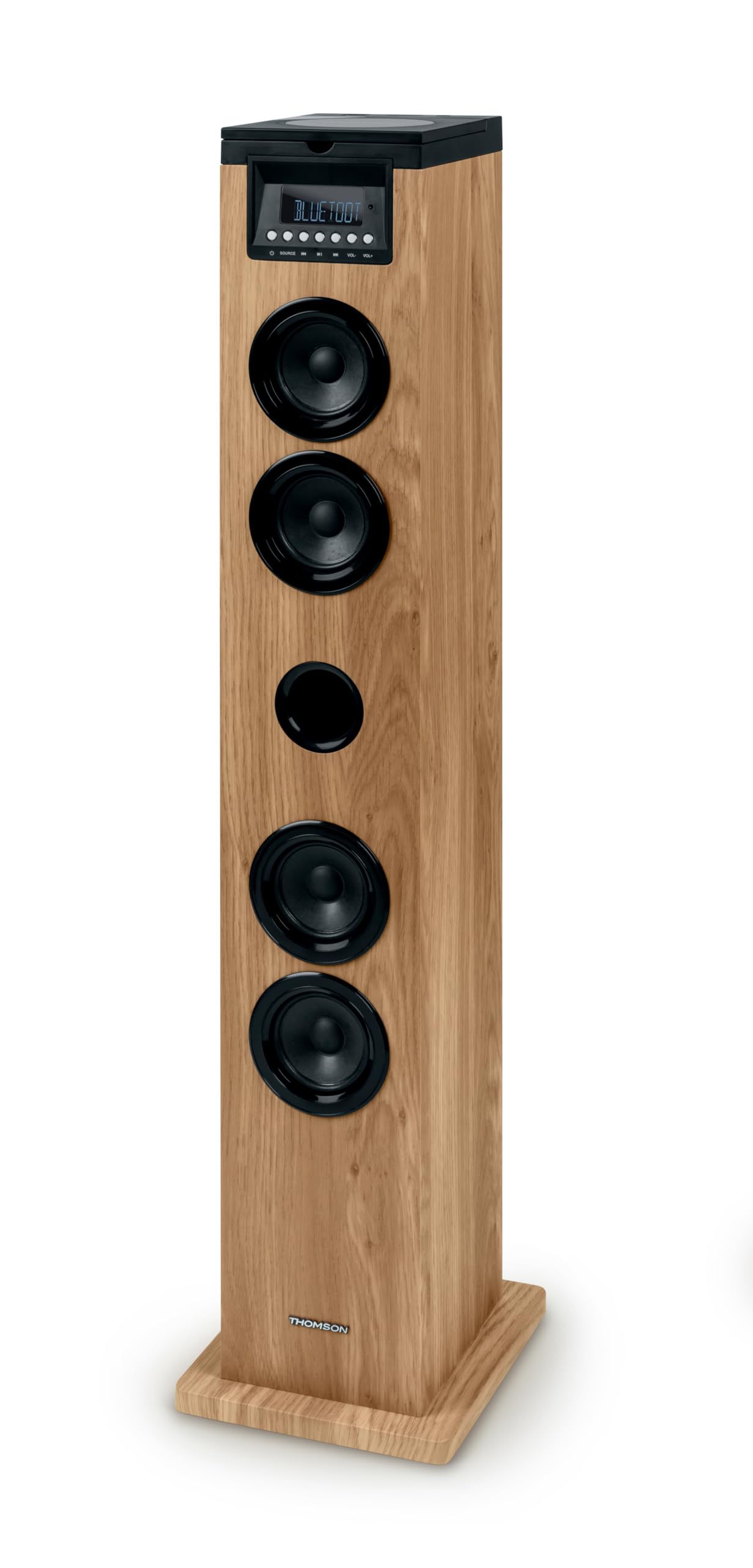 THOMSON Tour de Son Bluetooth avec Lecteur CD, Enceinte Colonne Hifi 60W, Radio FM, Port Aux et USB, MP3 et Affichage LED - Bois - DS122CD
