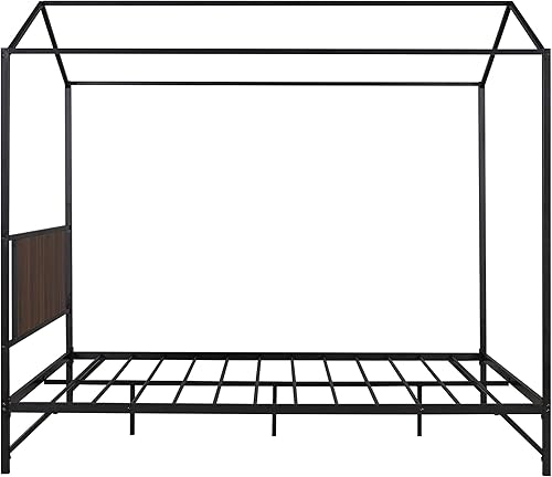 Miniatura 4 de Hlcodca Cama de casa de metal simple con base de listones cama de plataforma de tamaño Queen con techo y cabecero para uso en dormitorio de niños