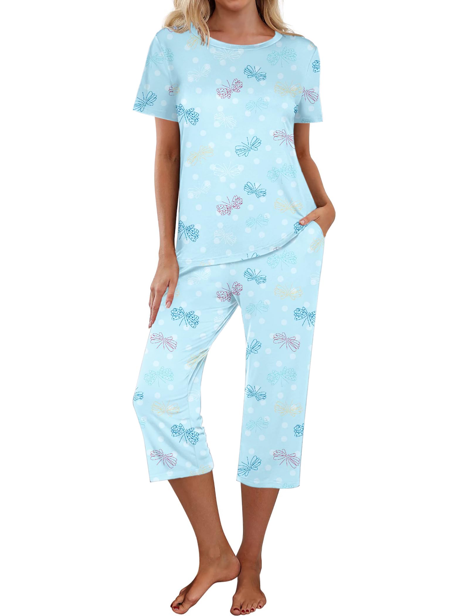 Ekouaer Schlafanzug Damen Kurzarm Pyjama Set Kurz Zweiteiliger Sommer Oberteil und 3/4 Lange Capri Hose, S-XXL