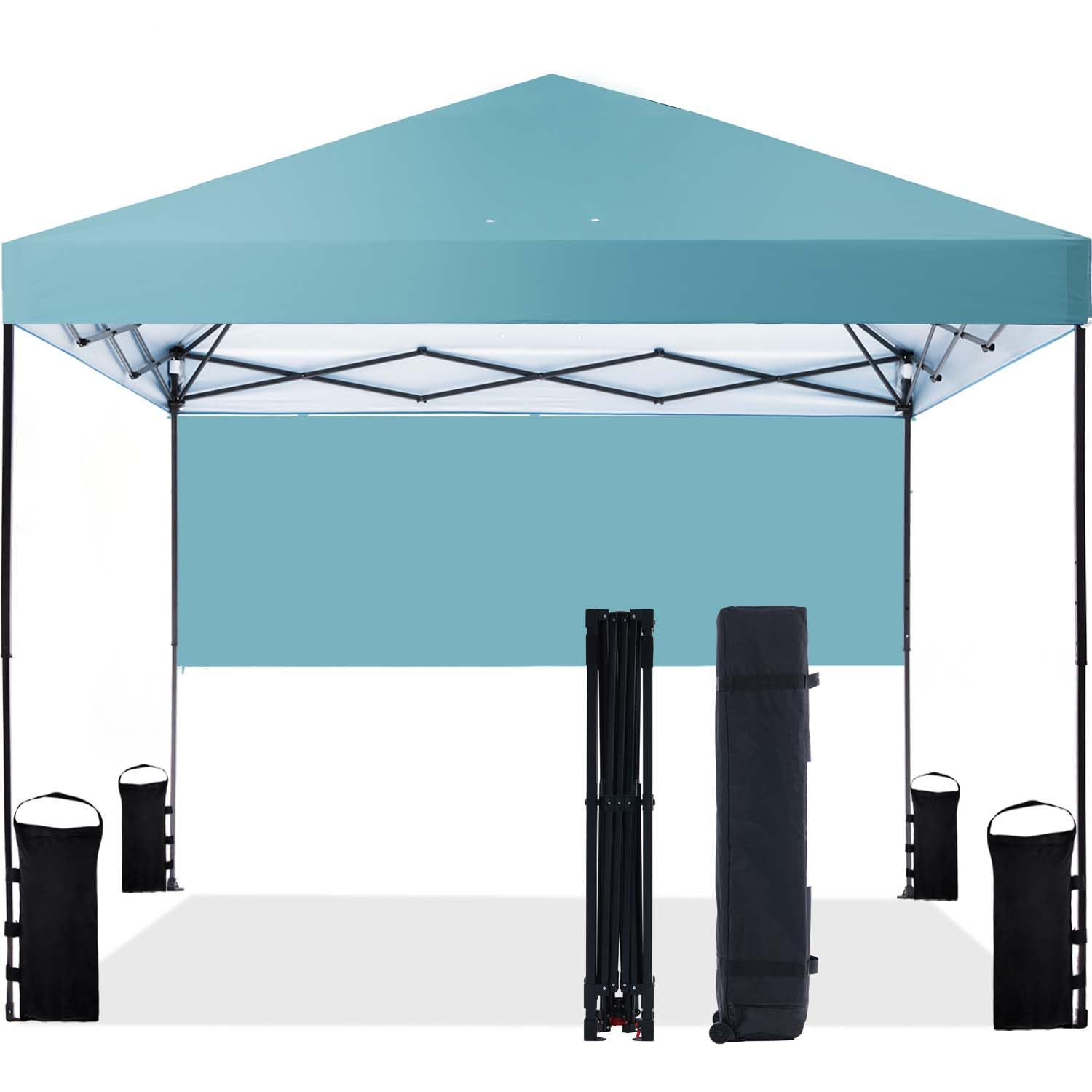 10'x10' Pop Up Canopy Tent with Half Sidewall, 1-Person Easy Setup, Instant Shade Canopy with Sliver Coated for Parties Beach Outdoor, Wheeled Carrying Bag, Stakes, 4 Ropes, 4 Sandbags (Cyan)