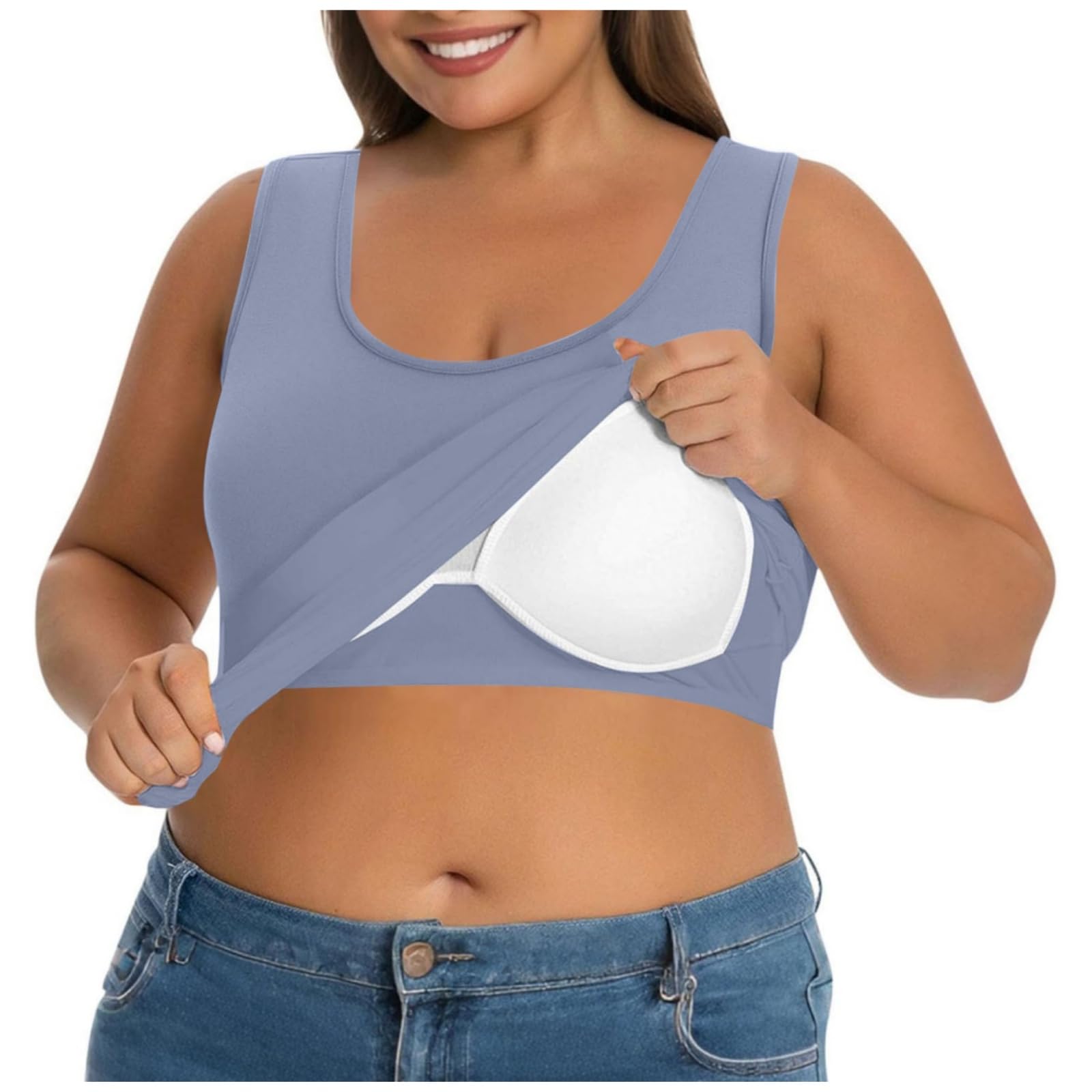 Tank Top Damen BH Hemdchen Ohne Bügel,U Ausschnitt Ärmelloses Shirt Einfarbig Yoga Trägertop,Sommer Oberteil Große Größen Unterhemd mit BH Integriert,Lässige Sporttop Basic Achselshirt für Frauen