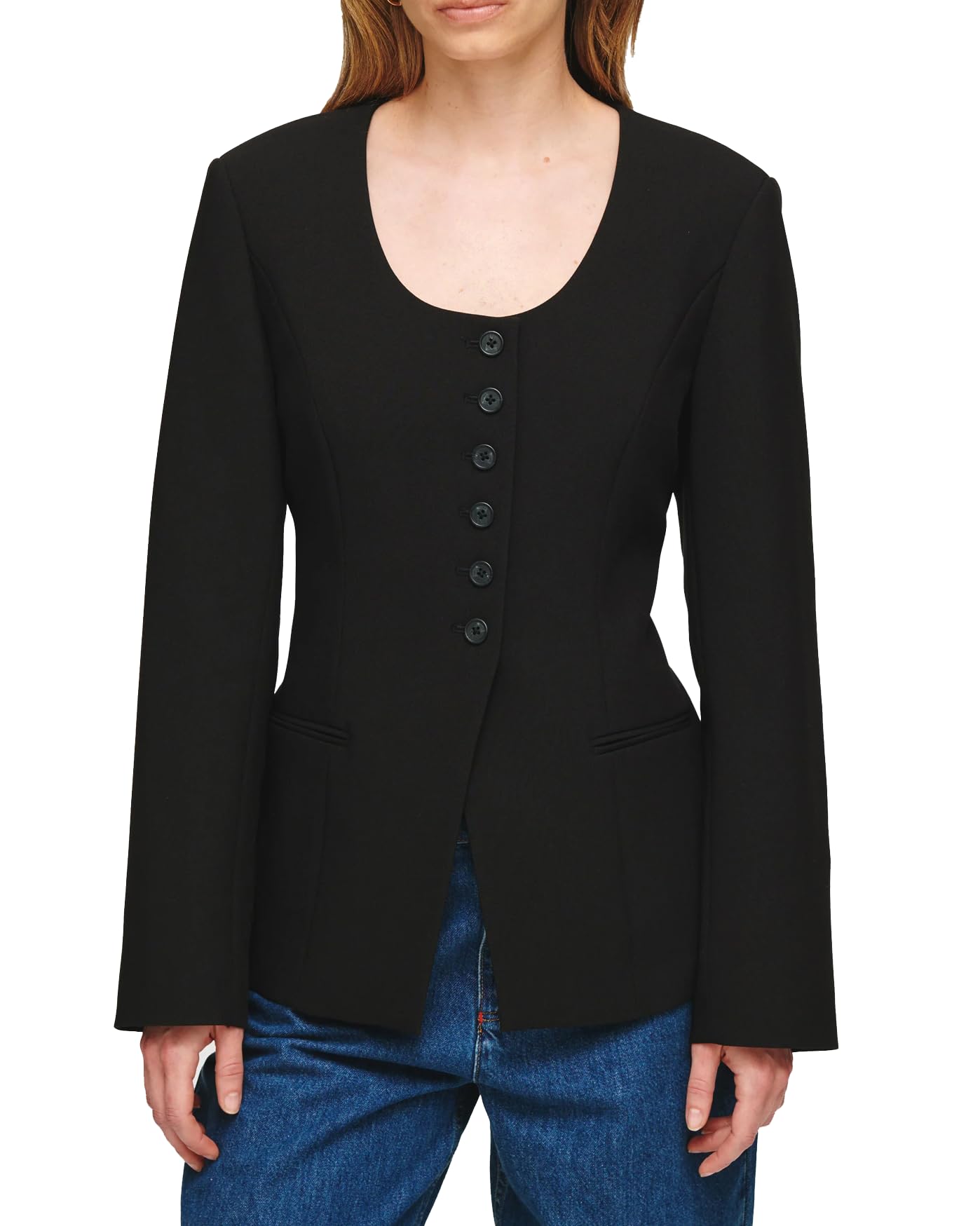 Womens Long Sleeve Blazer Suit Open Front Scoop Neck Slim Fit Office Blazer Jackets