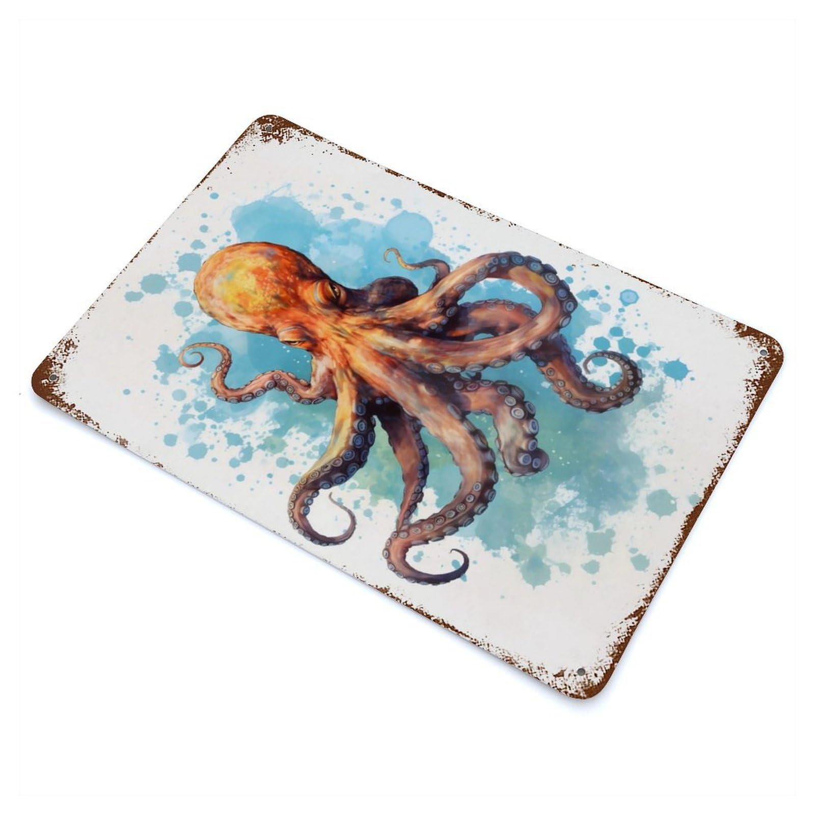 Octupus Watercolor Distressed Metal Wall Sign 11.8"x7.9", Ideal for Cafe, Home Bar And Lounge Decor