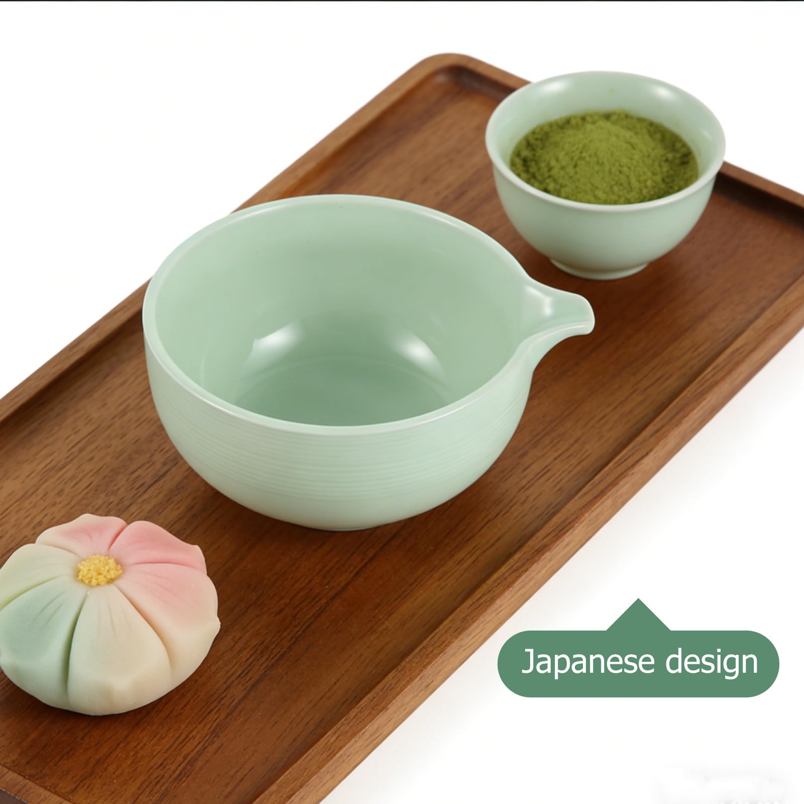 Ciotola Giapponese per Matcha con Beccuccio 550ml Ceramica | Verde, Bocca Ampia e Fondo Profondo, Lavabile in Lavastoviglie e Microonde, per Cerimonia del Tè