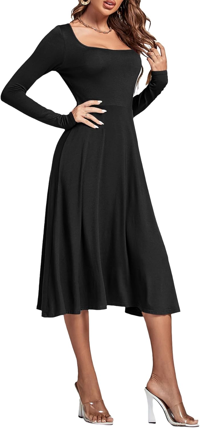 LYANER Women's Square Neck Long Sleeve Empire Waist A Line Flare Solid Midi Dress - Image 3