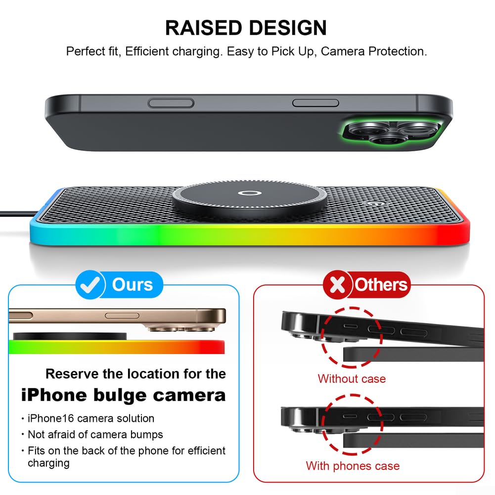 1 caricabatterie wireless per auto, 20 W, ricarica rapida con luce RGB, tappetino antiscivolo per iPhone per Android, supporto magnetico per cruscotto auto, ABS nero, uso domestico e auto (cavo