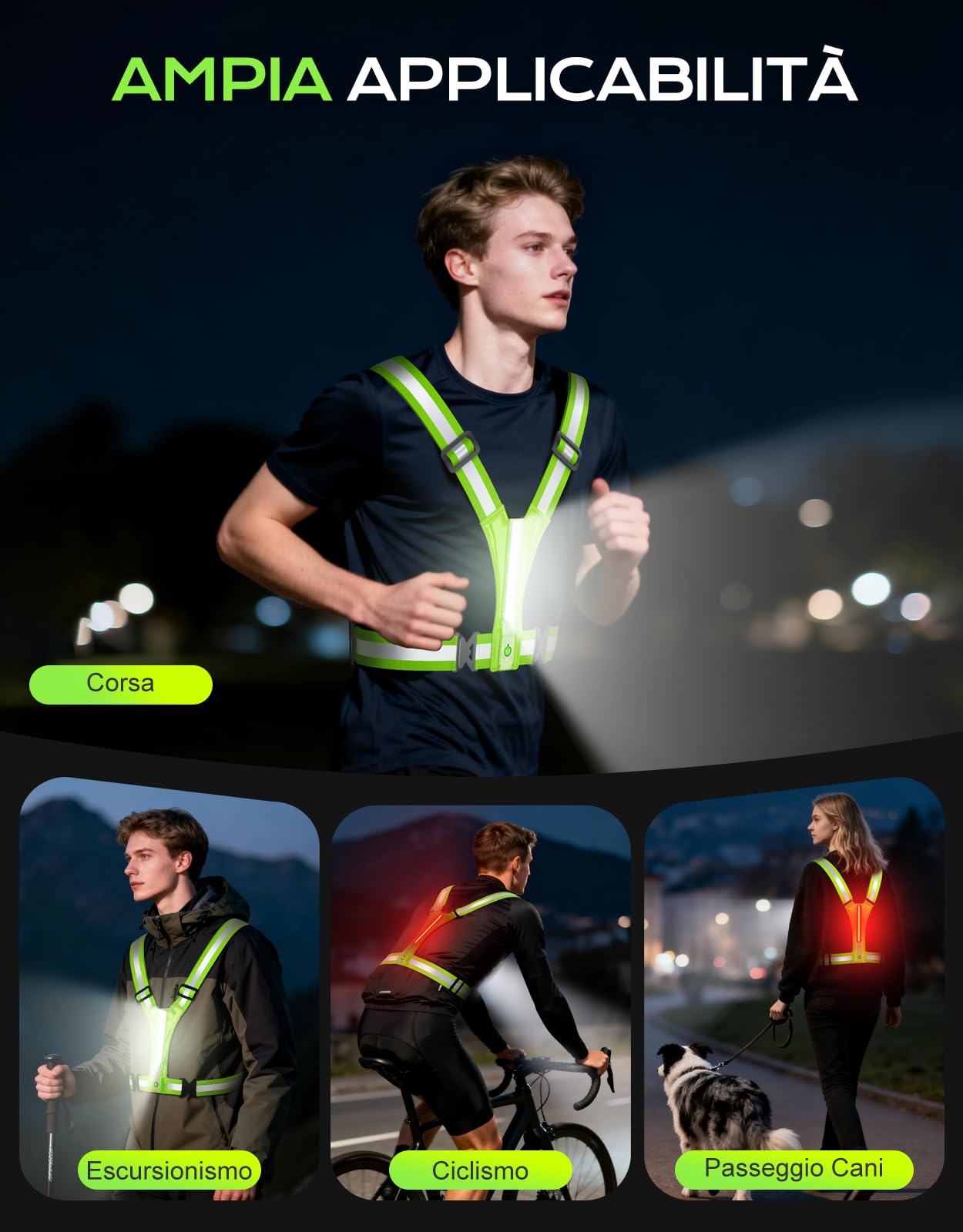 Glangeh Luce Running LED Alta Visibilità 360° Impermeabile Regolabile Torcia Frontale Bretelle Catarifrangenti per Corsa