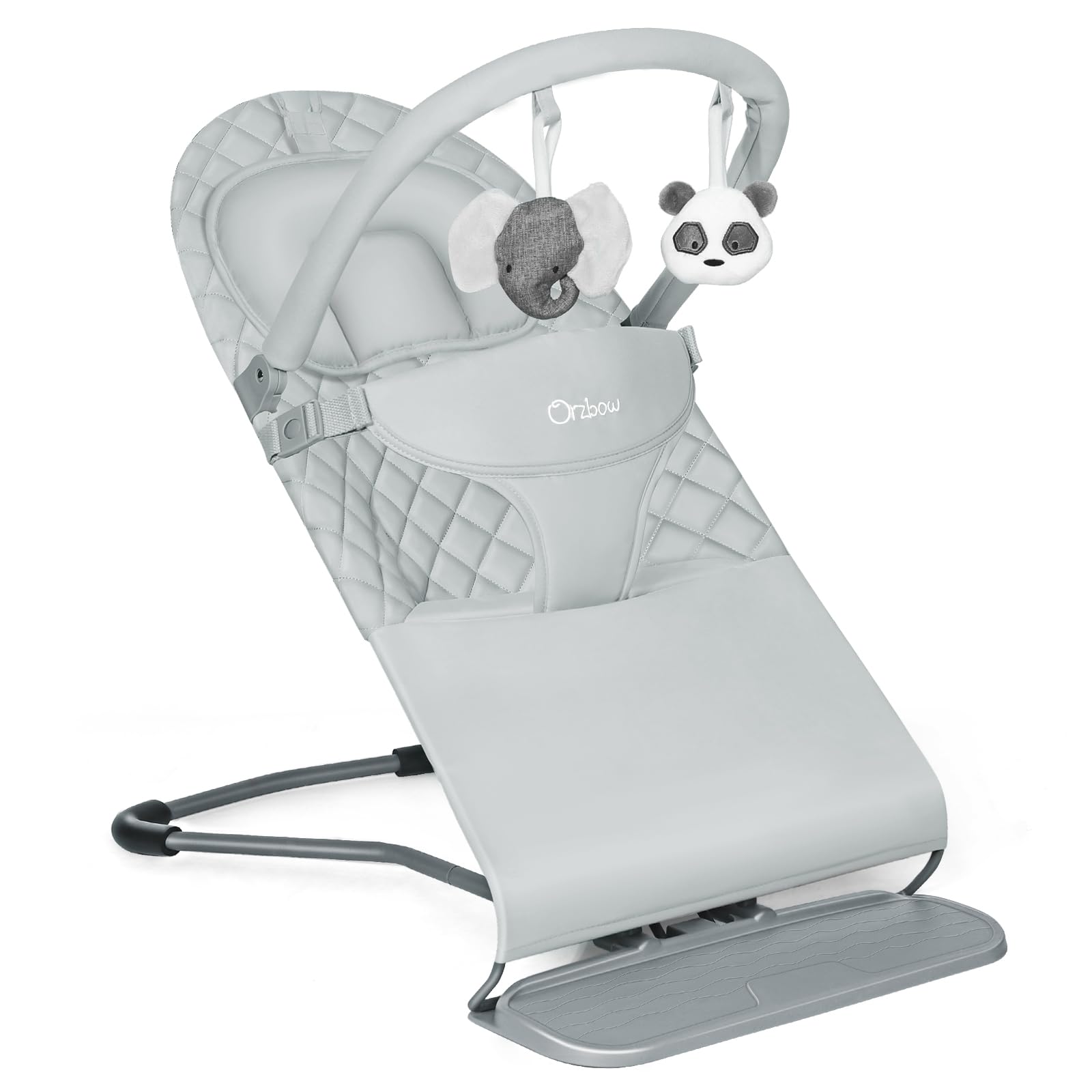 orzbow portable baby bouncer, foldable baby bouncer seat with storage bag and removable play bar, 3 recline positions, 0-12 months up to 20lbs, ergonomic design, easy to wash, gray