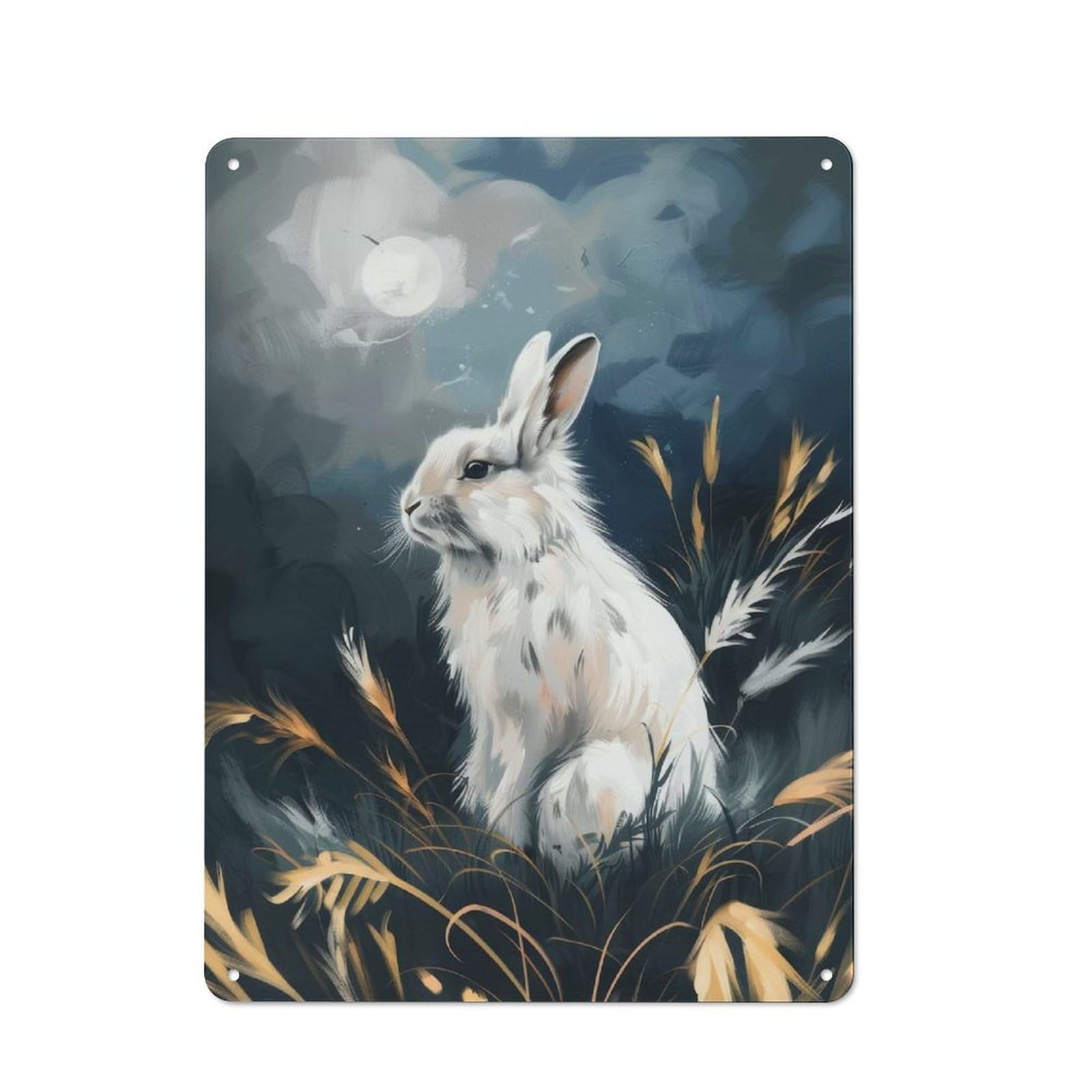 Junmoney White Rabbit Under Moonlight Tin Wall Plaque 40X30cm With For Hobby Room Or Studio, For Metal Sign Collectors, For Kitchen And Home Bar Decor