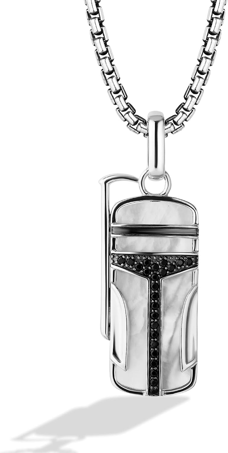 Jewelili Star Wars™ Fine Jewelry Boba Fett™ Men's/Women's Pendant 1/5 Ct.Tw. Black Diamonds, Mother Of Pearl, Sterling Silver with Black Rhodium