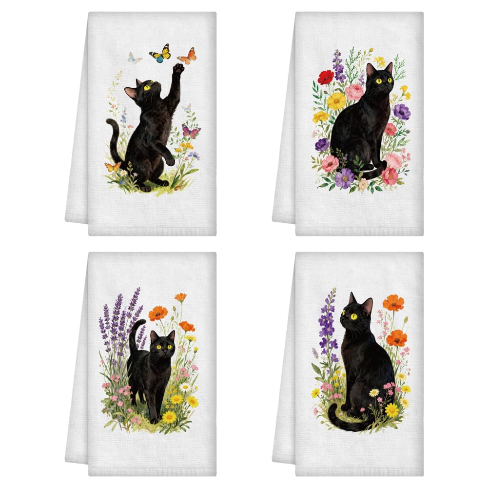 WADORN 4Pcs Black Cat Floral Theme Hand Towels, Funny Cute Cats Flower Butterfly Decorative Tea Dish Towel Soft Absorbent Animal Kitchen Dish Cloth for Cooking Baking, 24x16 Inch