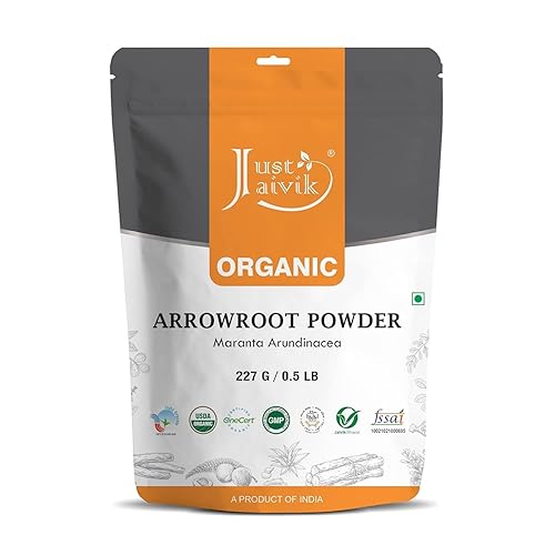Just Jaivik Polvo de arrurruz orgánico certificado por USDA, sin gluten, sin OMG, apto para veganos, agente espesante natural para cocinar y hornear