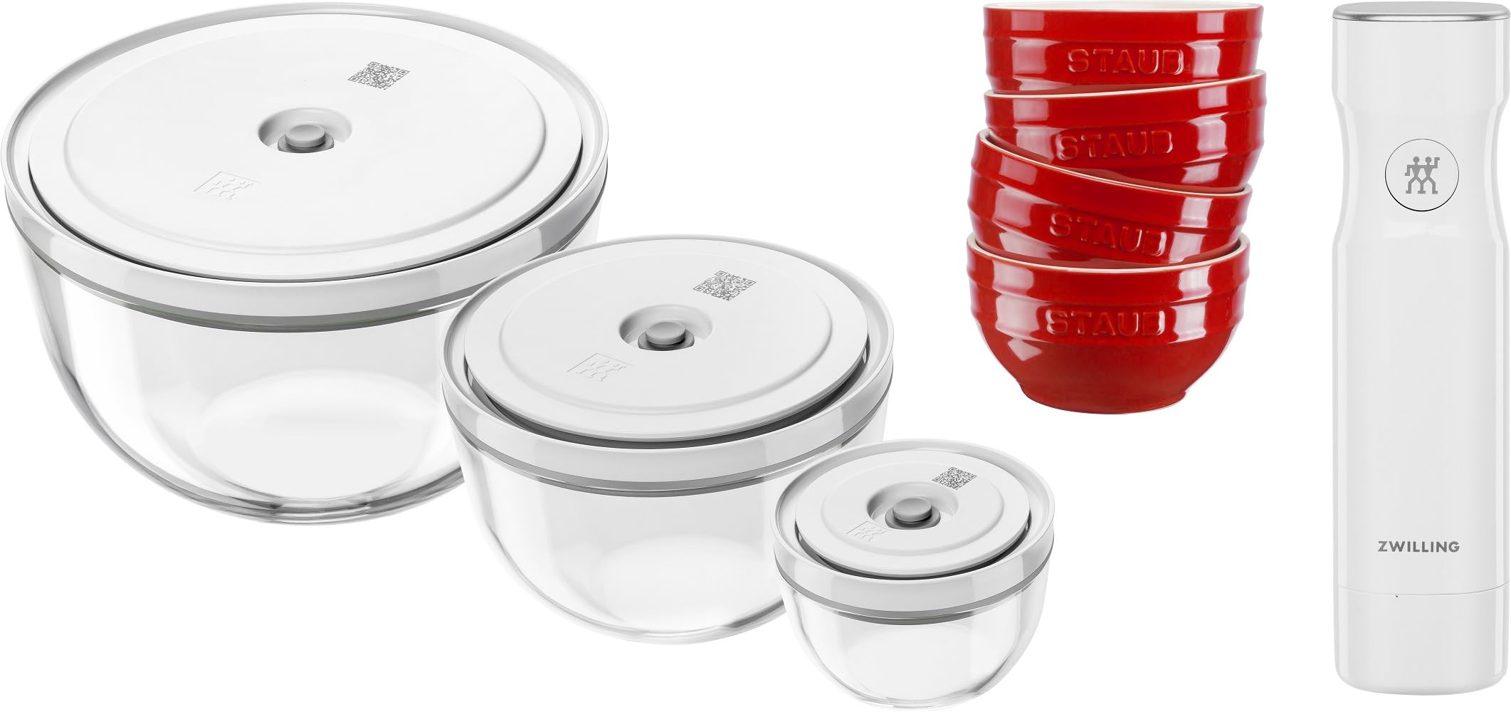 ZWILLING Fresh & Save BOWLS - Juego de iniciación al vacío (11 piezas, vidrio/cerámica, S-12 cm, M-18 cm, L-24 cm), bomba