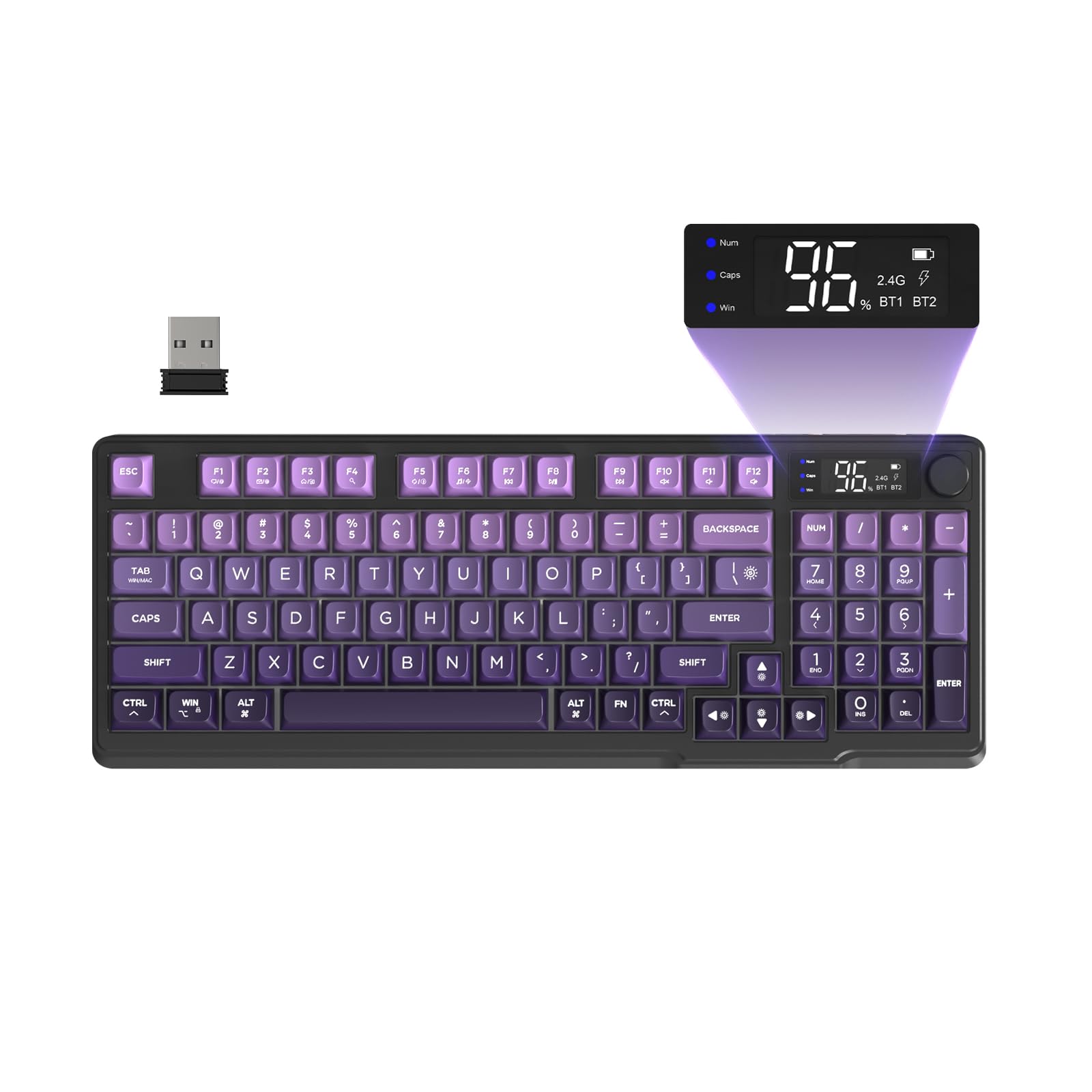 FREEWOLF M96 Tastiera Da Gioco Wireless, Controllo Tramite Manopola Bluetooth/Tastiera Meccanica Wireless 2.4G, Retroilluminazione a LED con Schermo, Copritasto PBT, 3000mAh, QWERTY - Sfumatura Viola