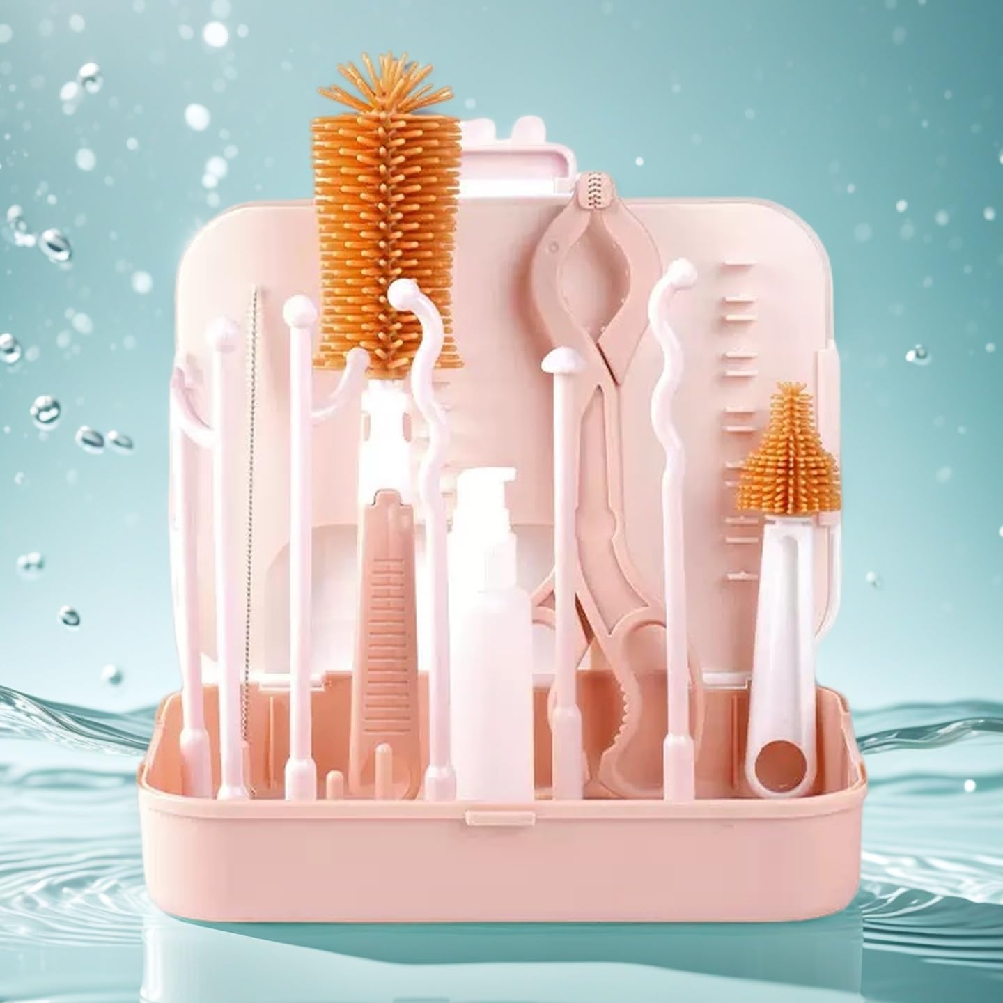 8-in-1 Baby Bottle Cleaner Set, Nylon & Silicone Bottle Brush, Cap, Straw & Nipple Brushes, BPA-Free, Includes Storage Case & Drying Rack Pink -1