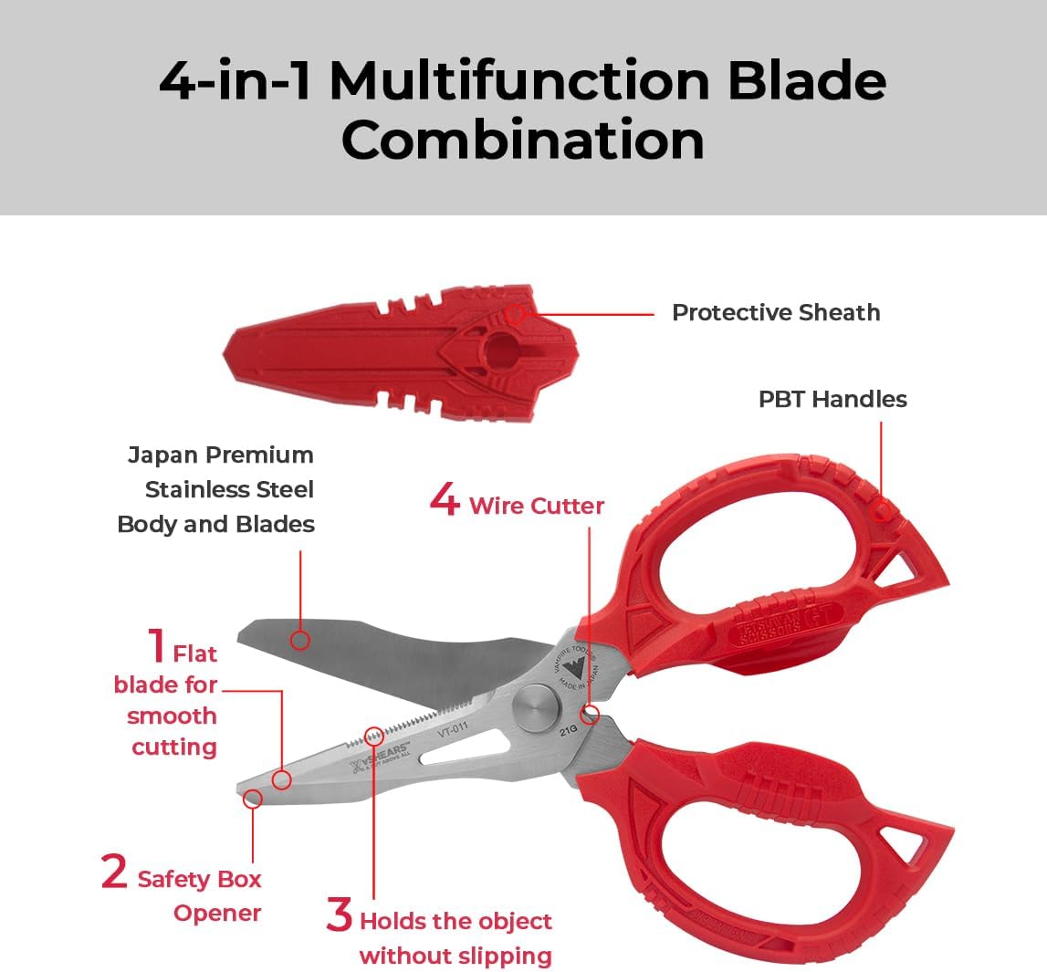 VAMPLIERS 6.3" Multi-purpose Utility Scissors. Made in Japan. 4-in-1 Combination Blades. Heavy Duty Shears Cuts Carpet, Leather, Copper Wire, Insulated Cable, Cords, Rope & More
