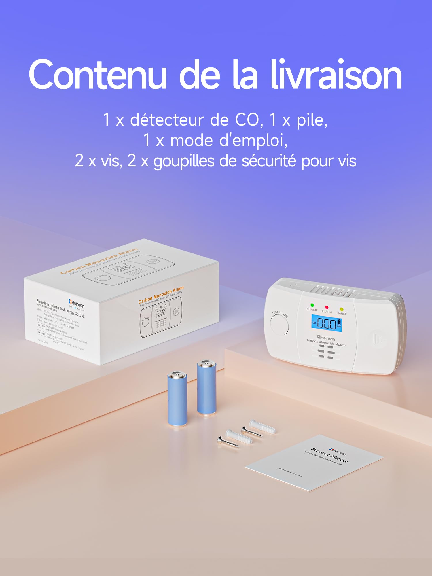 Heiman Détecteur de Monoxyde de Carbone Détecteur de CO avec Batterie échangeable et Bouton de Test et Voyant d'état LED, Capteur 10 Ans