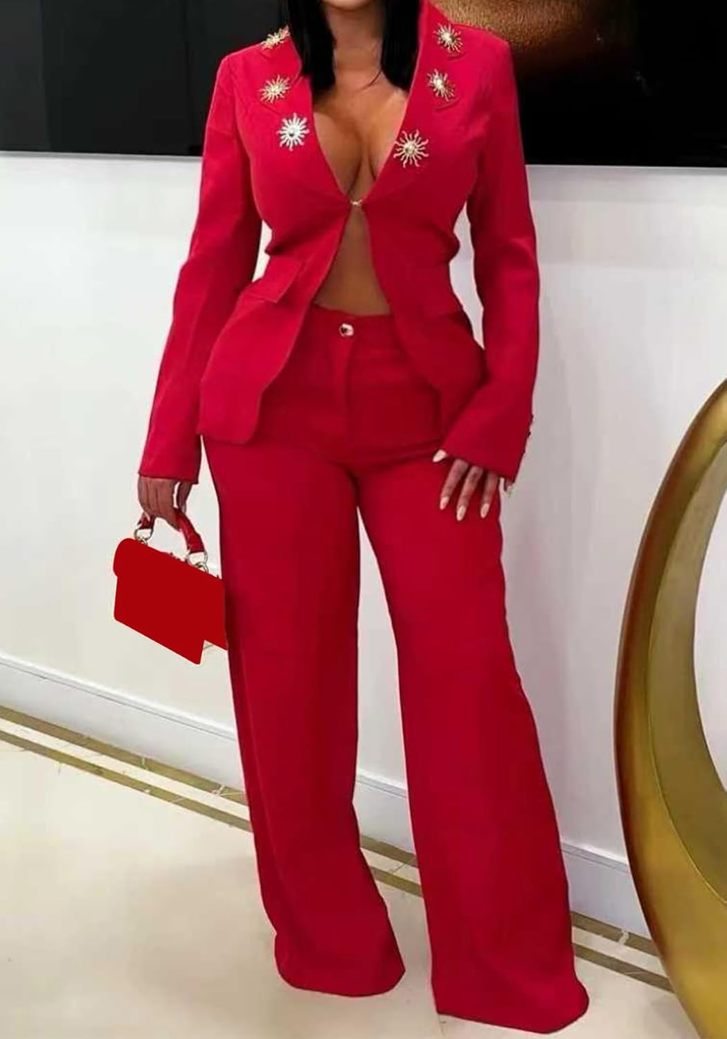 Womens Pants Suits 2 Piece Outfits Dressy Business Long Sleeve Sexy Blazers Wide Leg Pants Set Work - Image 2